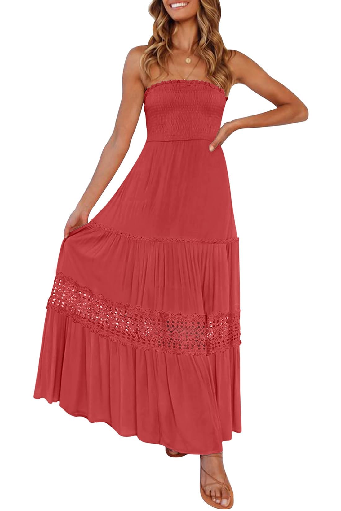 ZESICA Women's 2025 Summer Bohemian Strapless Off Shoulder Lace Trim Backless Flowy A Line Beach Long Maxi Dress