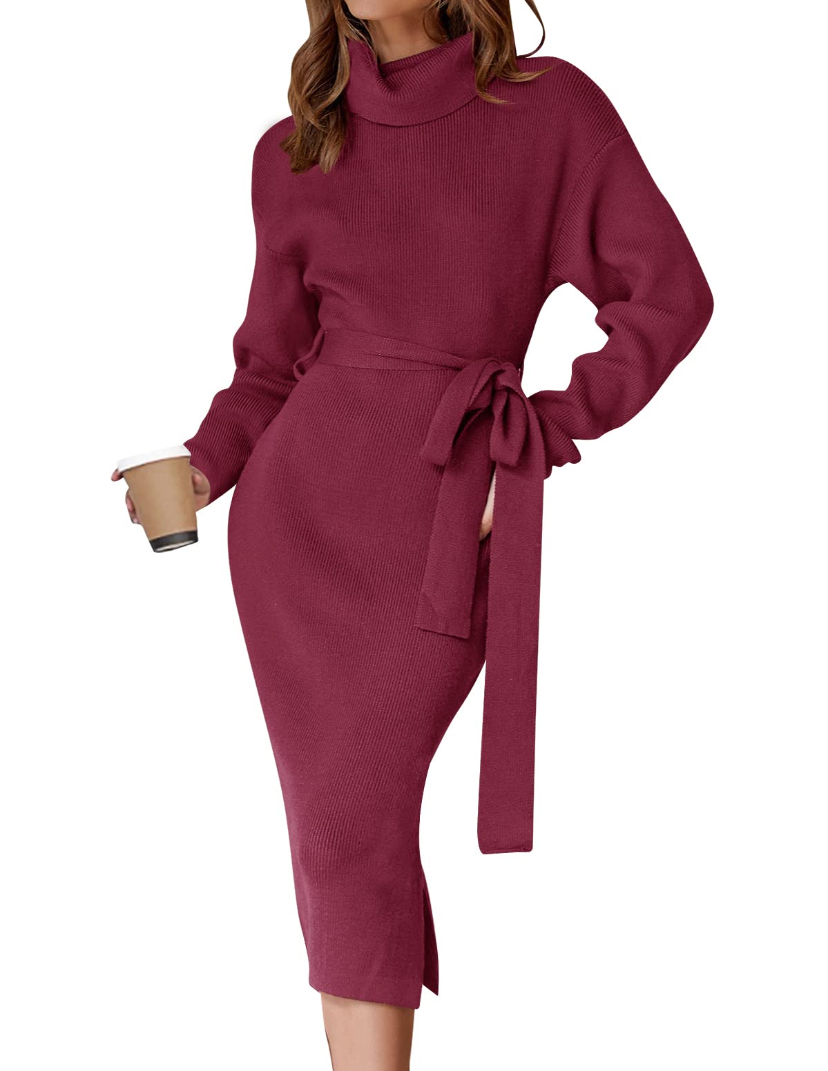 ZESICA Women's Turtleneck Sweater Midi Dress Long Sleeve Ribbed Knit Bodycon Slit Dress with Belt