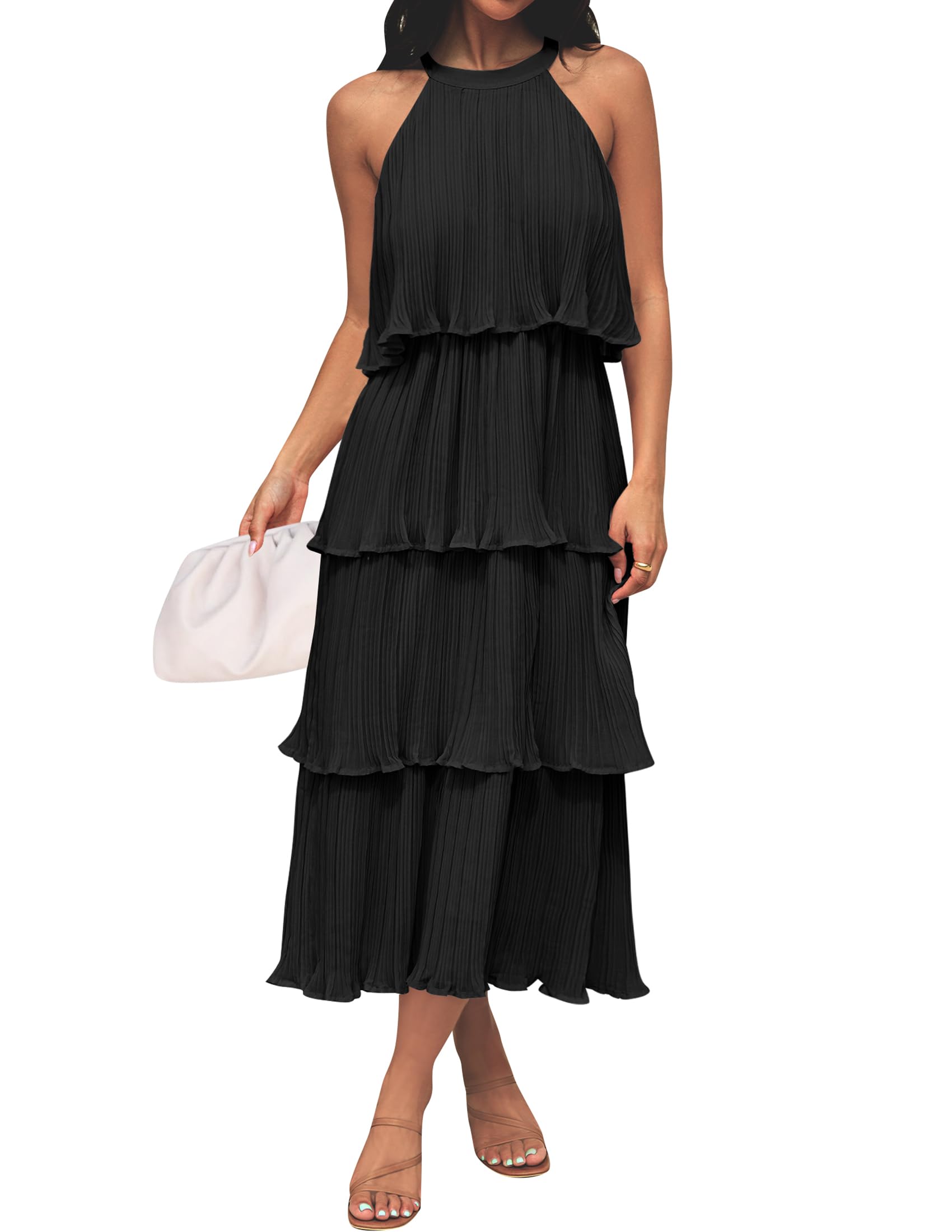 ZESICA Women's 2025 Summer Sleeveless Halter Neck Ruffle Tiered Layed Chiffon Flowy Swing Long Midi Dress