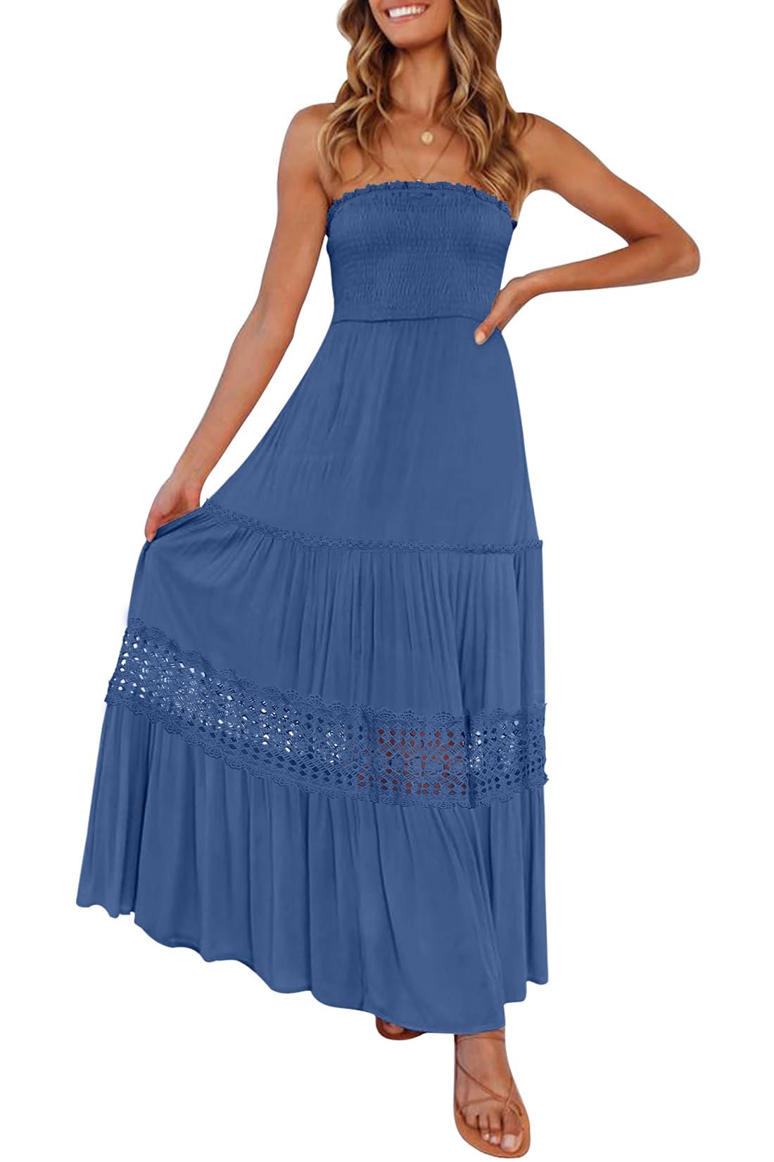 ZESICA Women's 2025 Summer Bohemian Strapless Off Shoulder Lace Trim Backless Flowy A Line Beach Long Maxi Dress