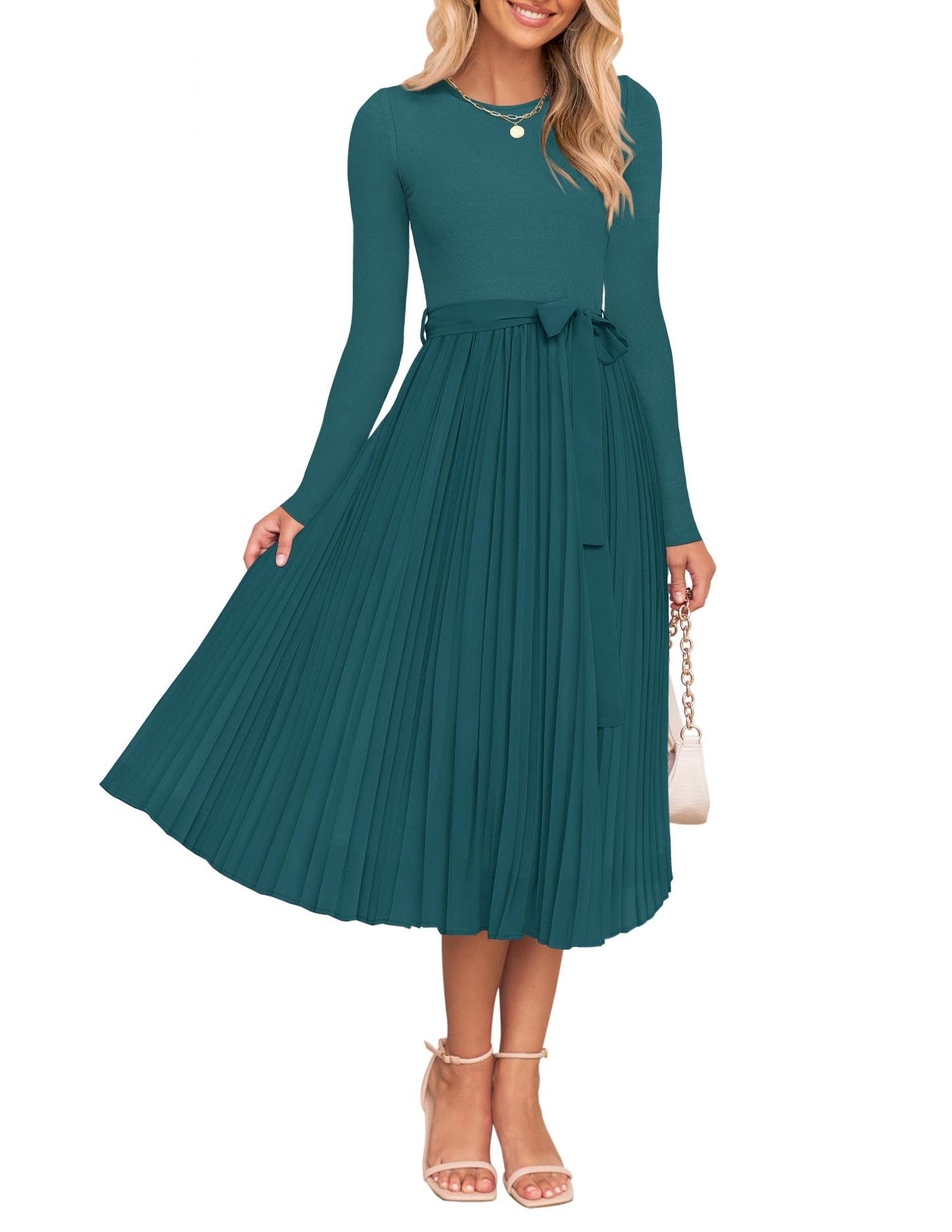 ZESICA Women's Fall Long Sleeve Midi Dress Casual Crewneck Knit Belted Pleated A Line Flowy Party Dresses