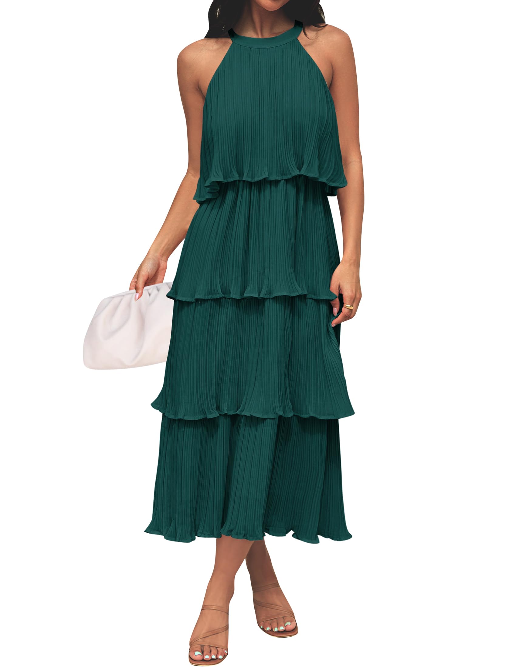 ZESICA Women's 2025 Summer Sleeveless Halter Neck Ruffle Tiered Layed Chiffon Flowy Swing Long Midi Dress