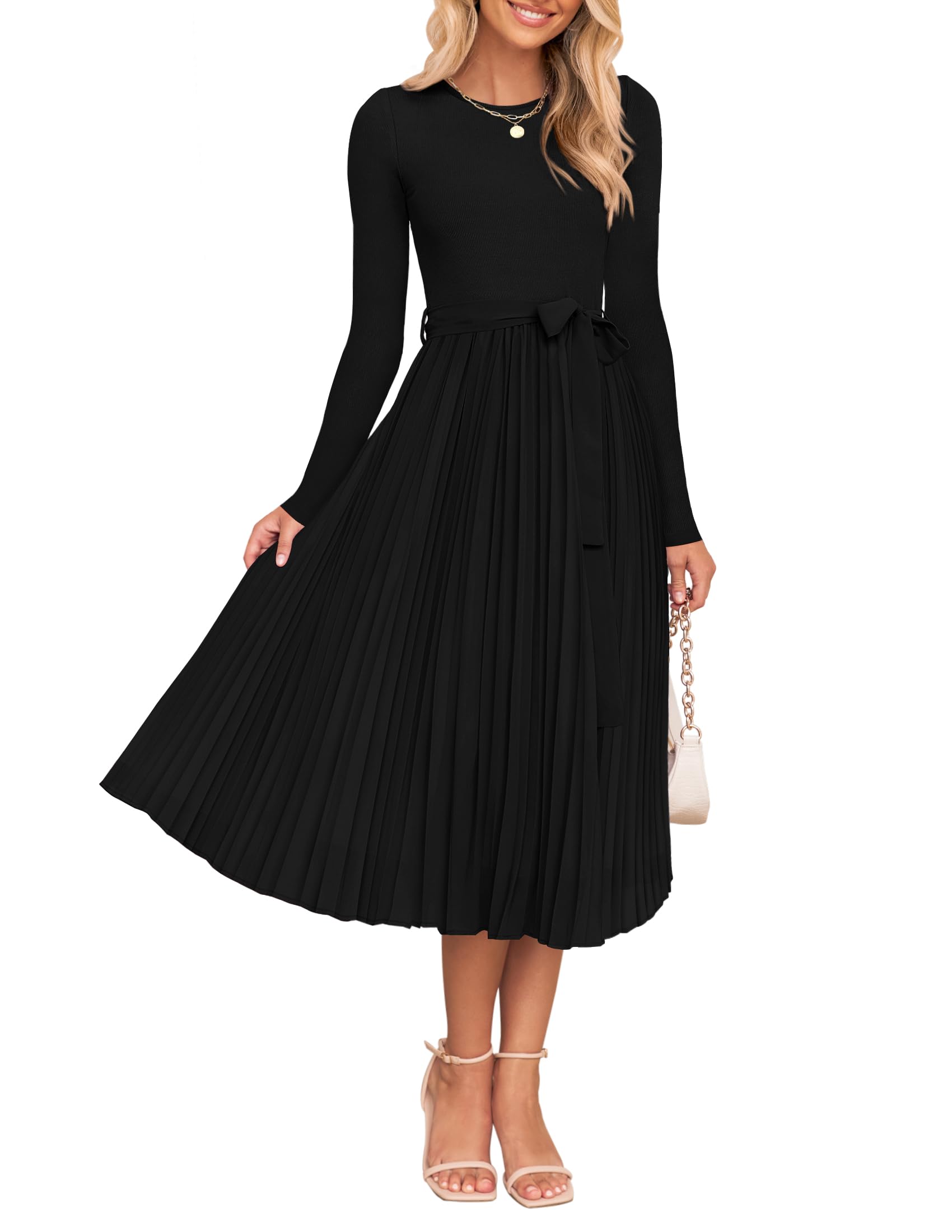 ZESICA Women's Fall Long Sleeve Midi Dress Casual Crewneck Knit Belted Pleated A Line Flowy Party Dresses