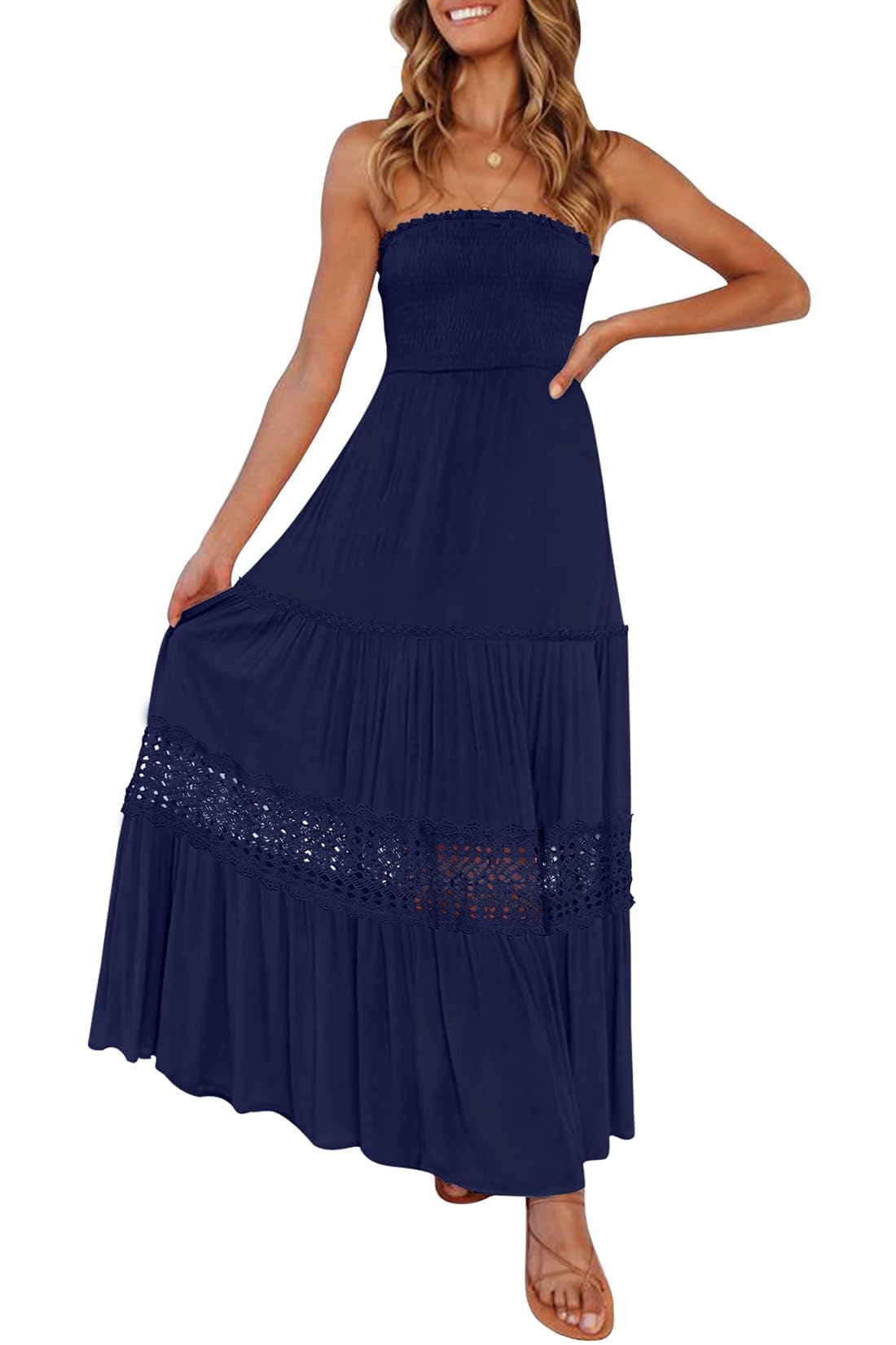ZESICA Women's 2025 Summer Bohemian Strapless Off Shoulder Lace Trim Backless Flowy A Line Beach Long Maxi Dress