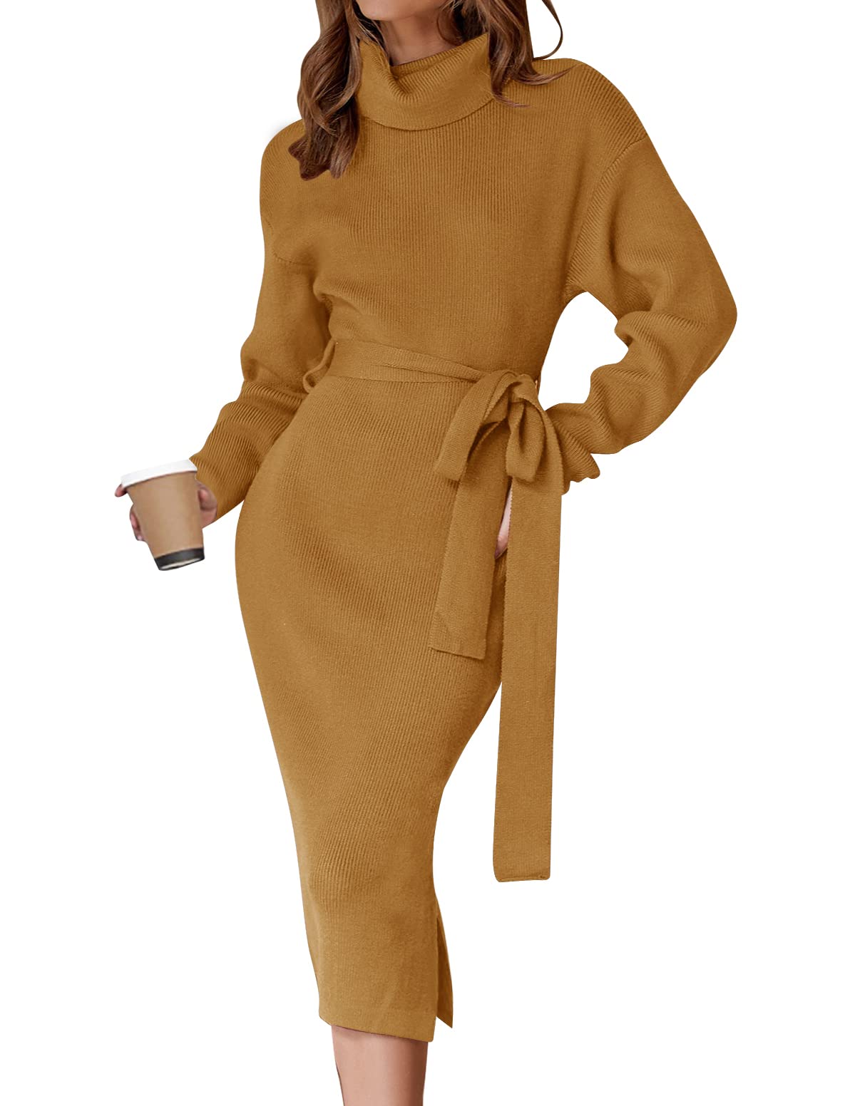 ZESICA Women's Turtleneck Sweater Midi Dress Long Sleeve Ribbed Knit Bodycon Slit Dress with Belt