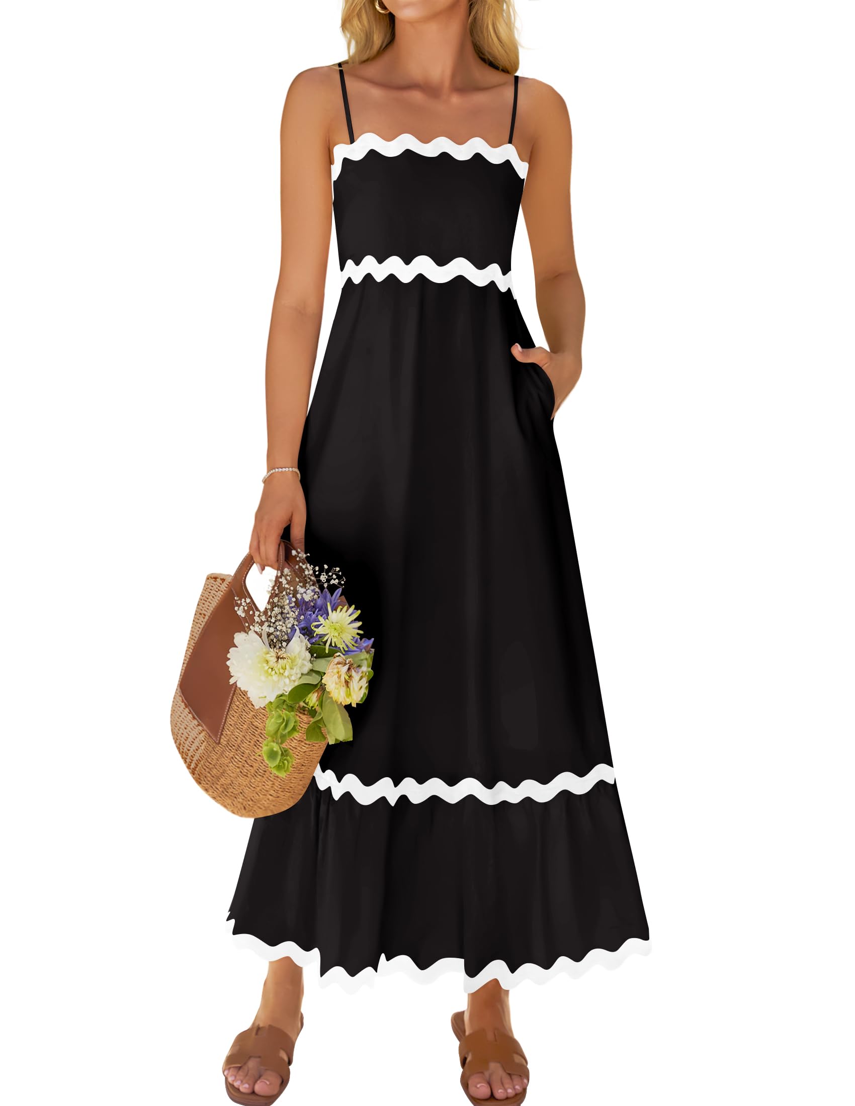 ZESICA Women's 2025 Summer Spaghetti Straps Sleeveless Backless Sundress Flowy Smocked Lace Swing A Line Midi Dress