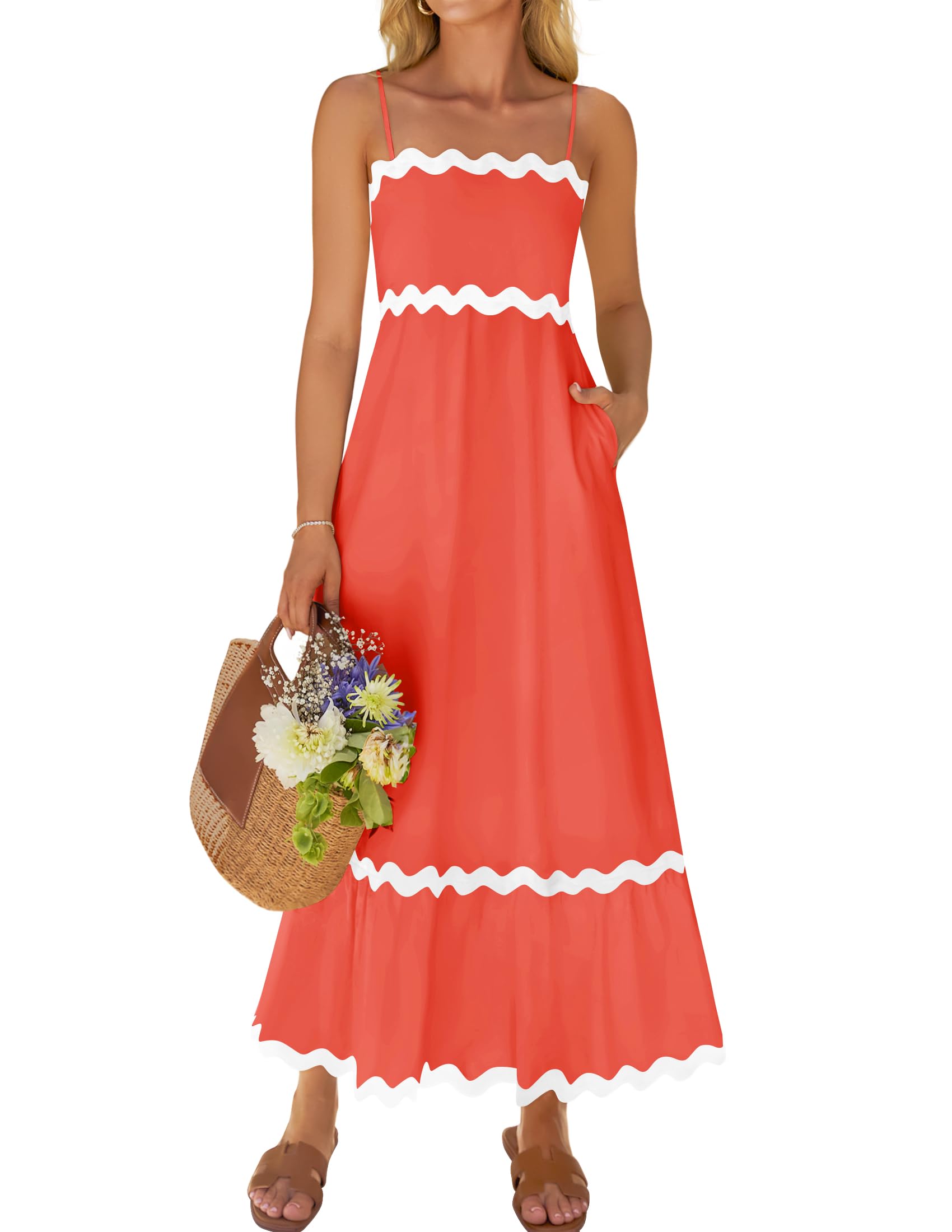 ZESICA Women's 2025 Summer Spaghetti Straps Sleeveless Backless Sundress Flowy Smocked Lace Swing A Line Midi Dress