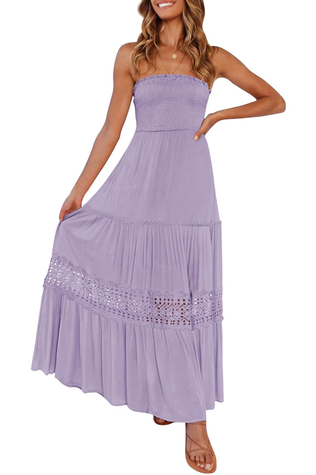 ZESICA Women's 2025 Summer Bohemian Strapless Off Shoulder Lace Trim Backless Flowy A Line Beach Long Maxi Dress