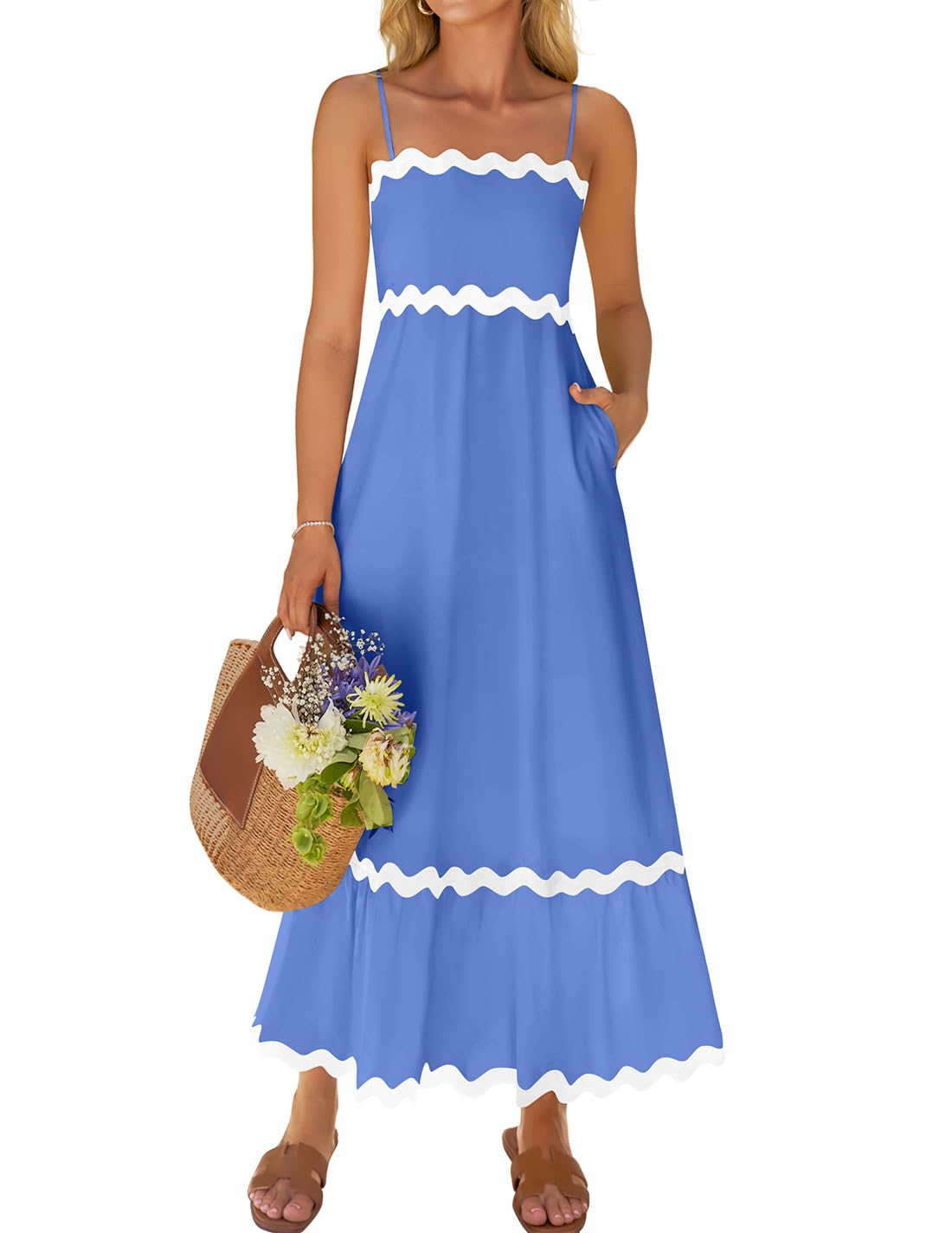 ZESICA Women's 2025 Summer Spaghetti Straps Sleeveless Backless Sundress Flowy Smocked Lace Swing A Line Midi Dress