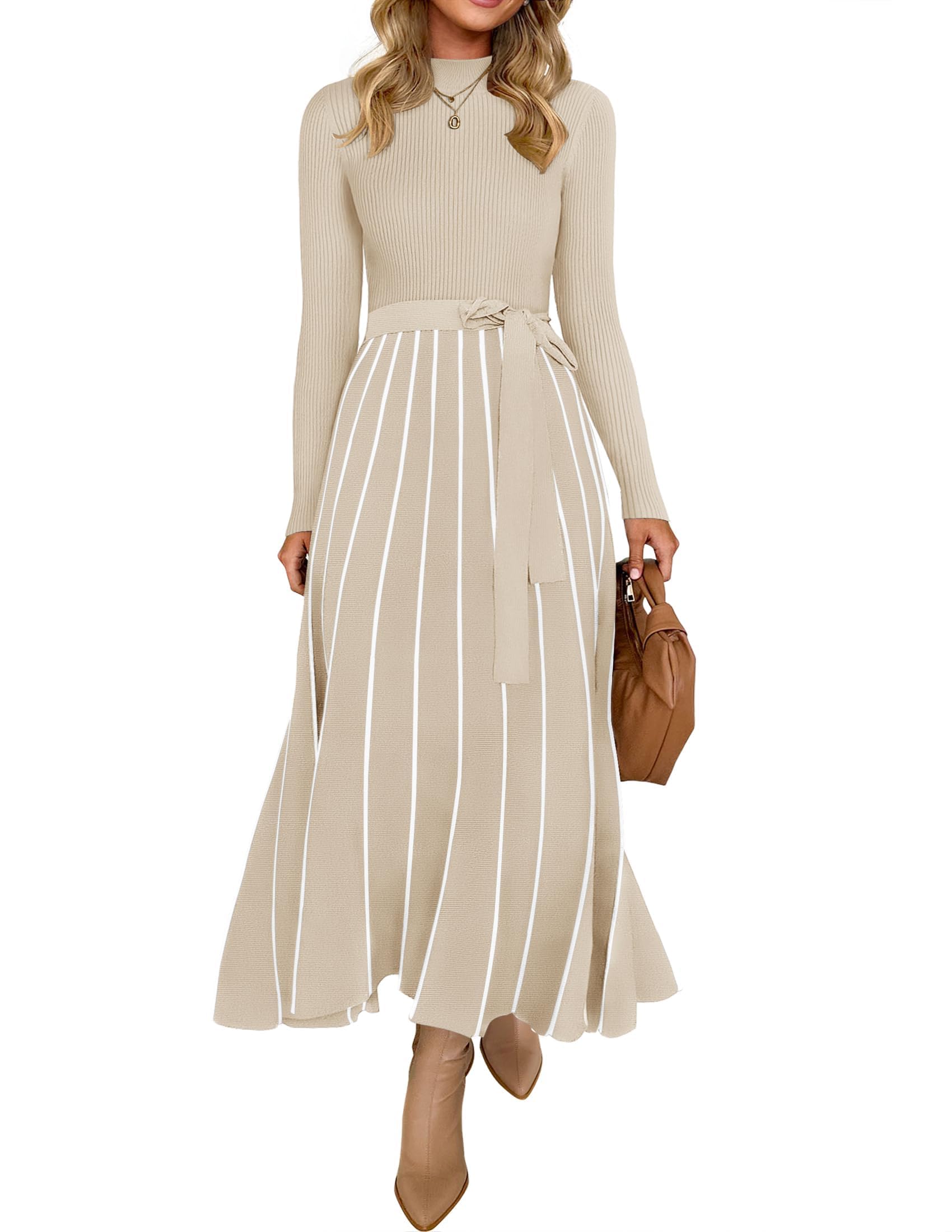 ZESICA Womens 2025 Fall Turtleneck Long Sleeve Sweater Dress Tie Waist Casual Loose Ribbed Knit A Line Midi Dresses