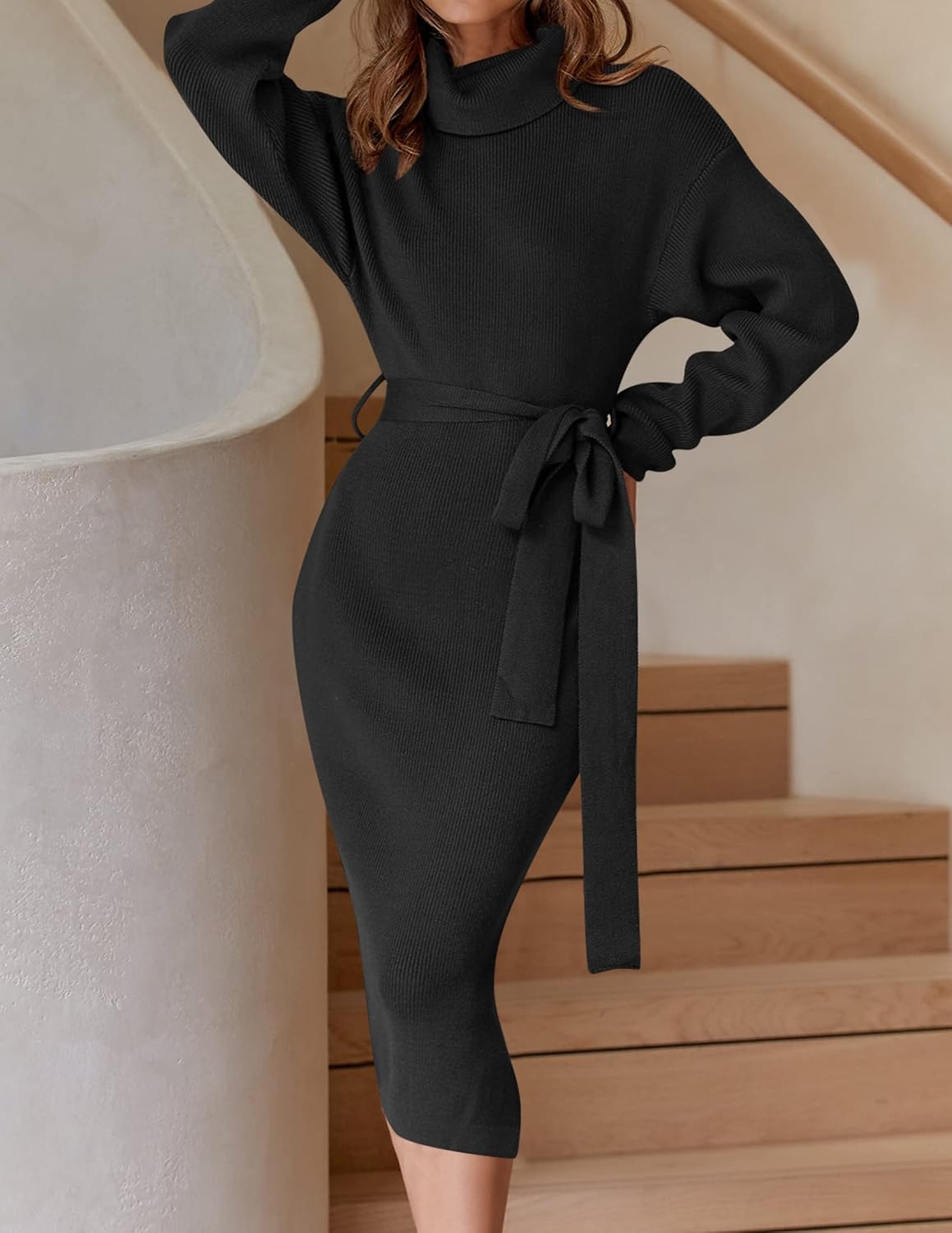 ZESICA Women's Turtleneck Sweater Midi Dress Long Sleeve Ribbed Knit Bodycon Slit Dress with Belt