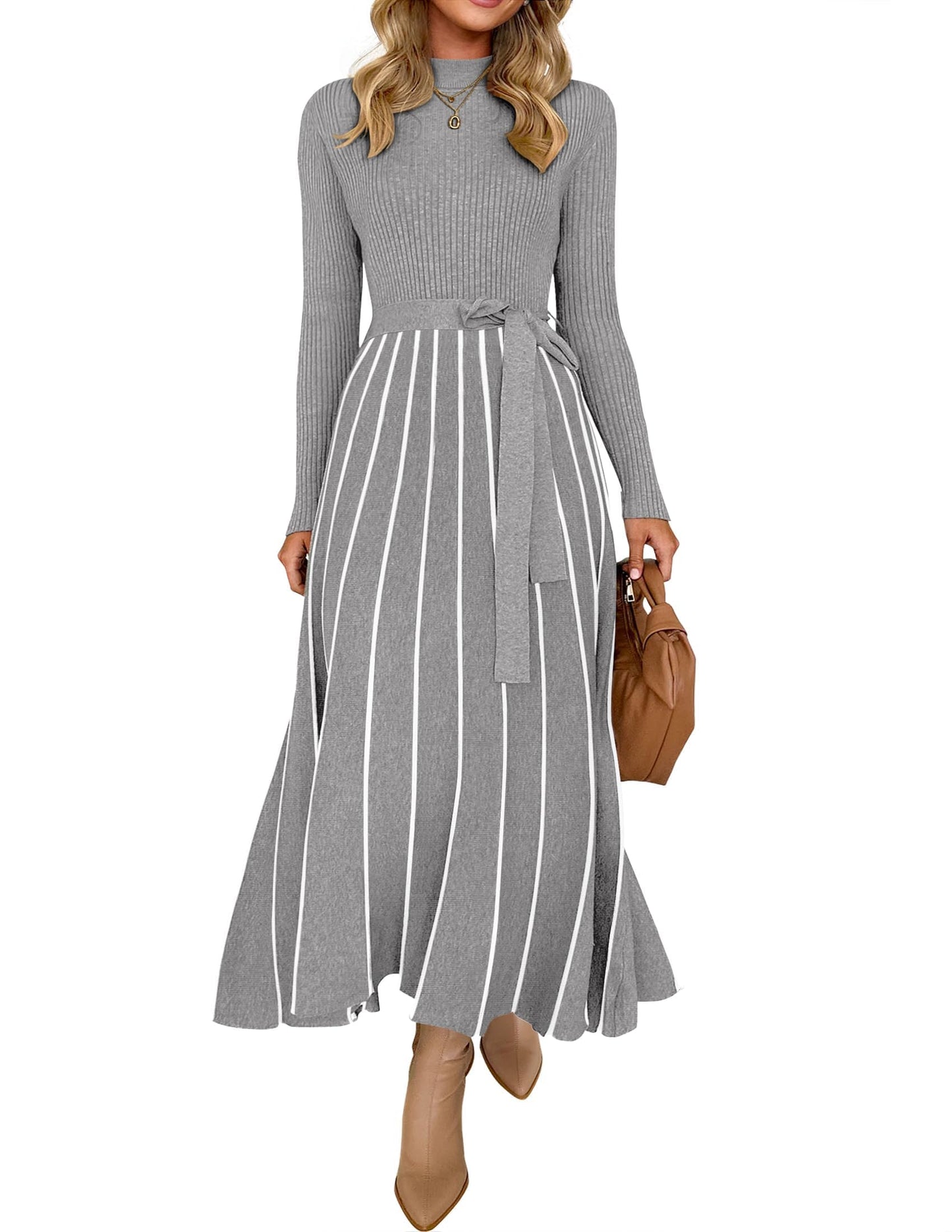 ZESICA Womens 2025 Fall Turtleneck Long Sleeve Sweater Dress Tie Waist Casual Loose Ribbed Knit A Line Midi Dresses