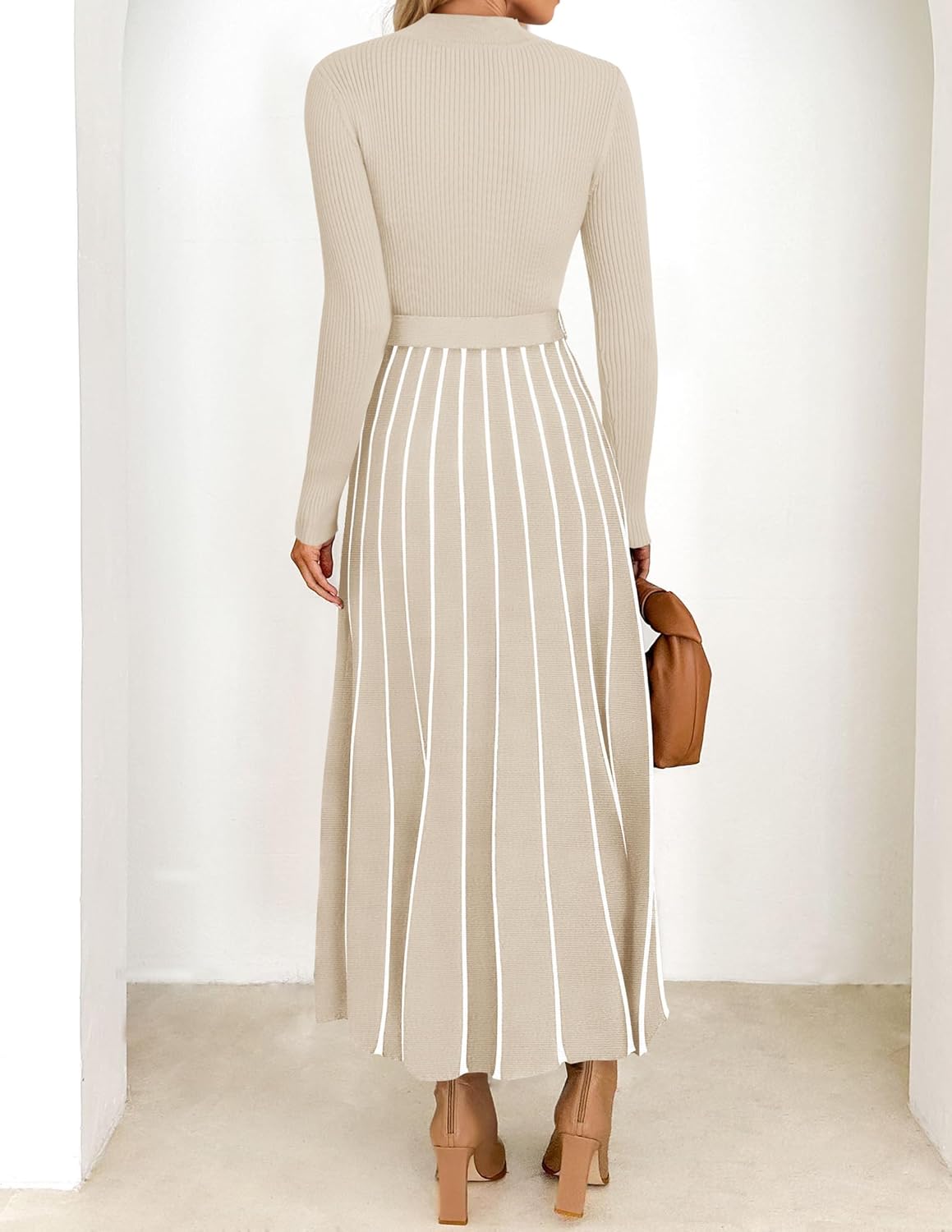 ZESICA Womens 2025 Fall Turtleneck Long Sleeve Sweater Dress Tie Waist Casual Loose Ribbed Knit A Line Midi Dresses