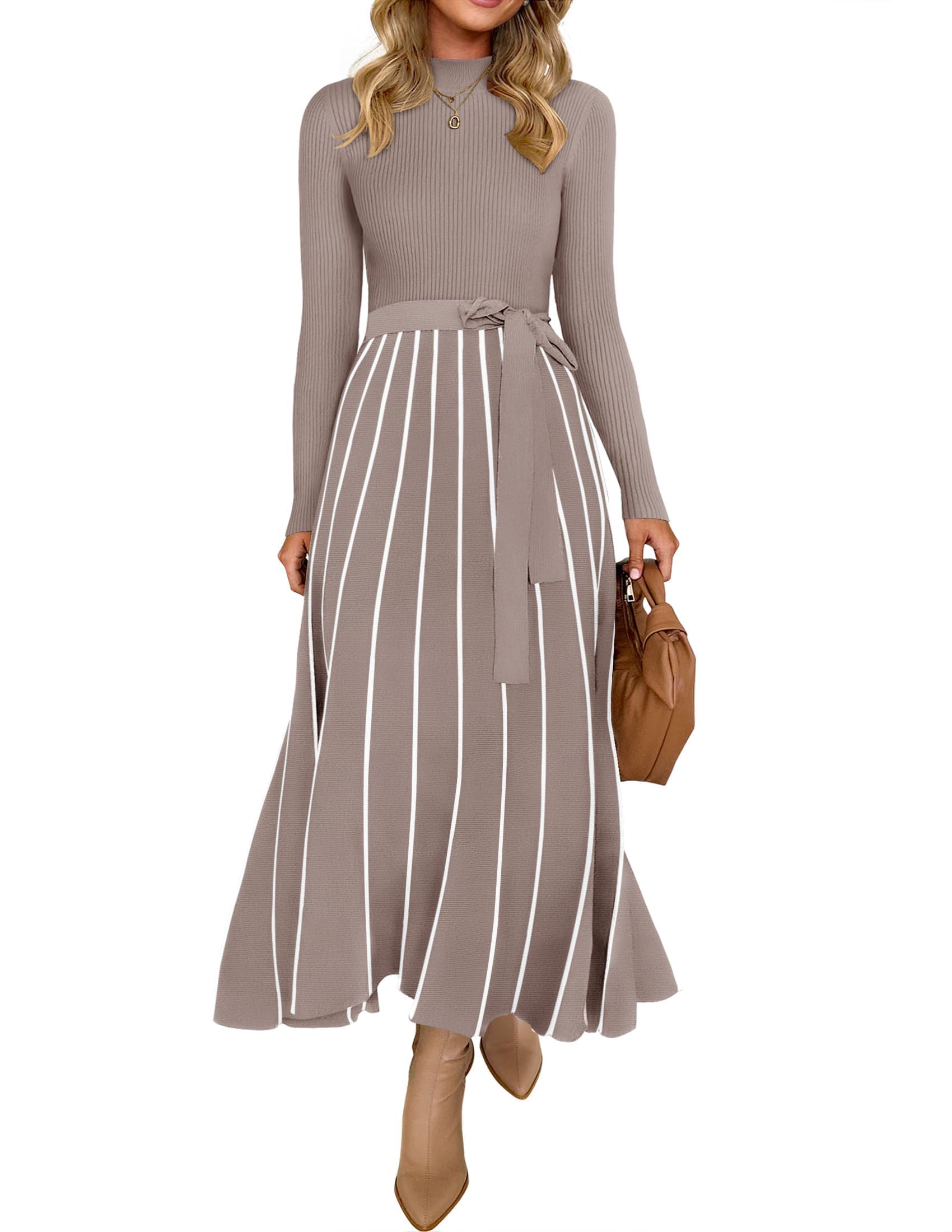 ZESICA Womens 2025 Fall Turtleneck Long Sleeve Sweater Dress Tie Waist Casual Loose Ribbed Knit A Line Midi Dresses