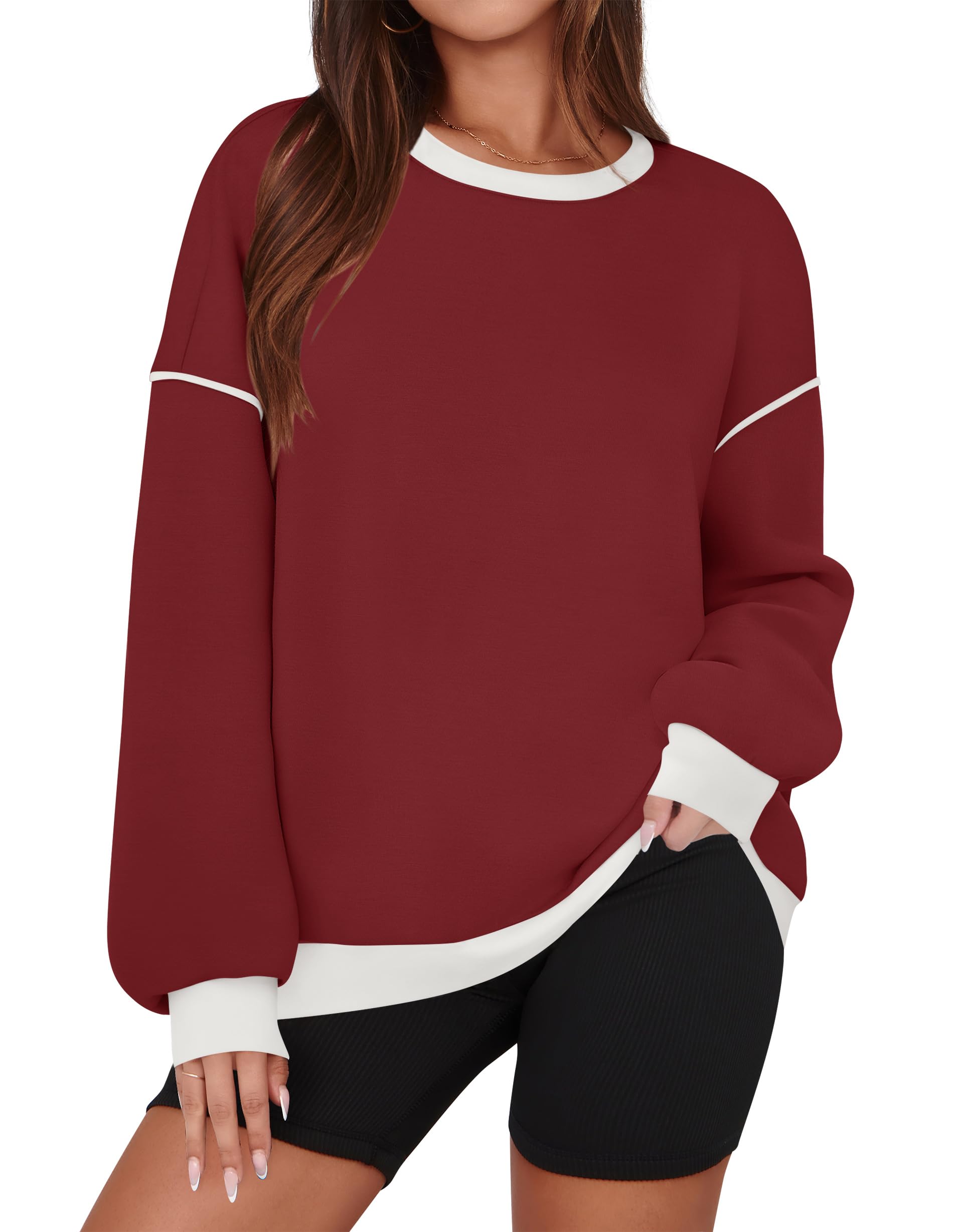 ZESICA Sweatshirts for Women Casual Long Sleeve Crewneck Contrast Color Oversized Pullover Tops Trendy Clothes