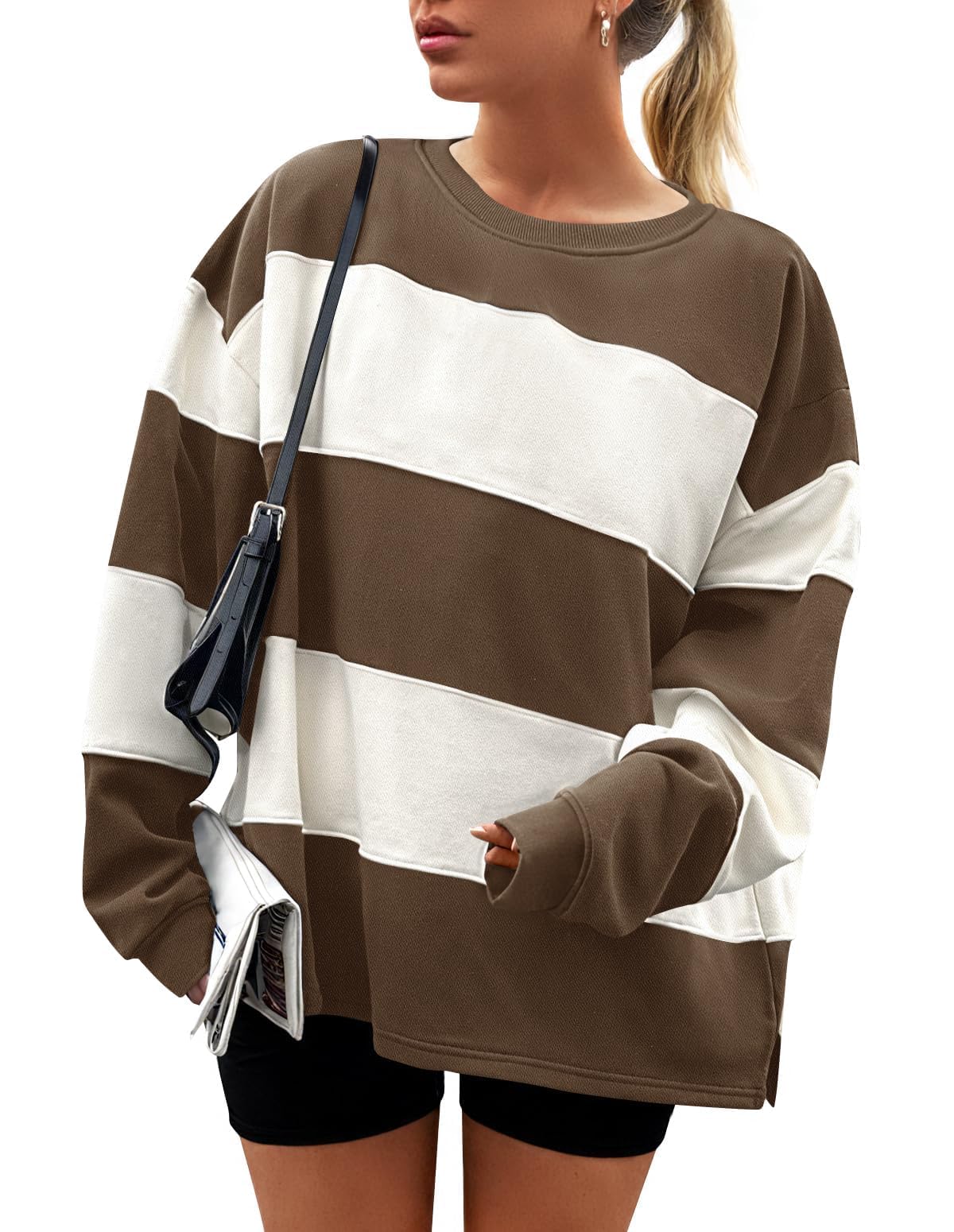 ZESICA Women's Fall Sweatshirt Tops Crewneck Long Sleeve Loose Oversized Striped Fleece Pullover 2025 Clothes