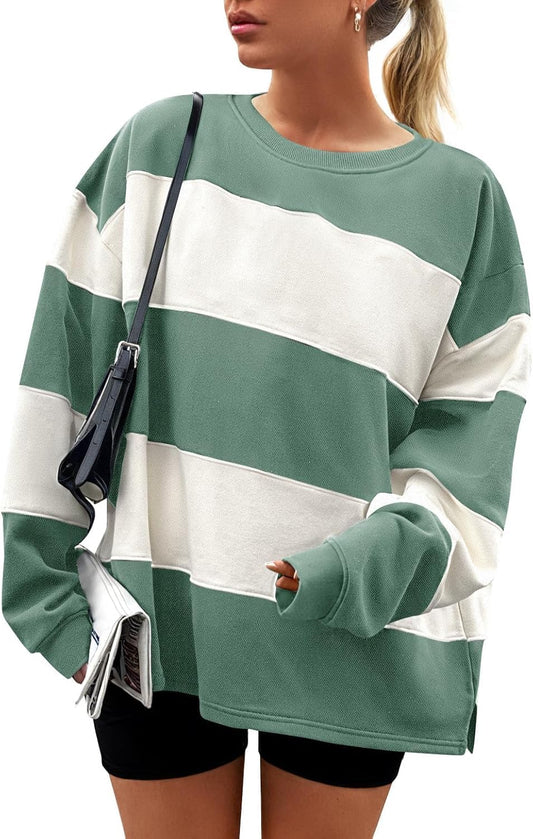 ZESICA Women's Fall Sweatshirt Tops Crewneck Long Sleeve Loose Oversized Striped Fleece Pullover 2025 Clothes