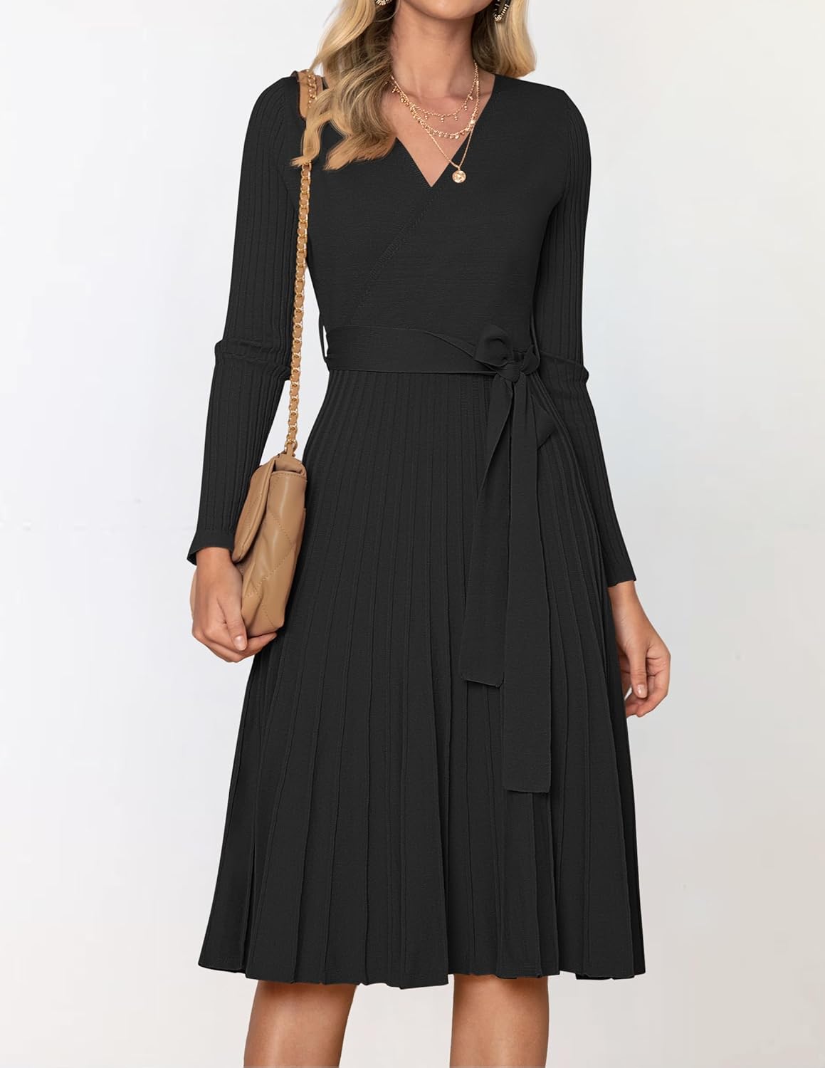 ZESICA Women's Fall Long Sleeve Wrap V Neck Ribbed Knit Pleated A Line Pullover Sweater Dress with Belt