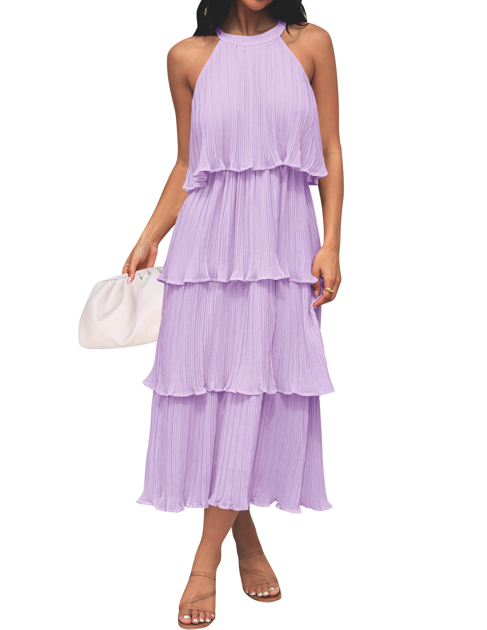 ZESICA Women's 2025 Summer Sleeveless Halter Neck Ruffle Tiered Layed Chiffon Flowy Swing Long Midi Dress