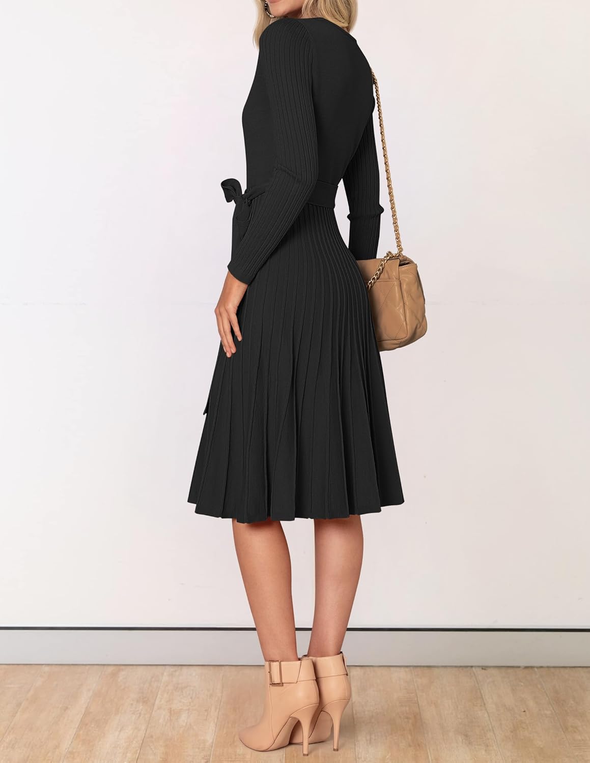 ZESICA Women's Fall Long Sleeve Wrap V Neck Ribbed Knit Pleated A Line Pullover Sweater Dress with Belt