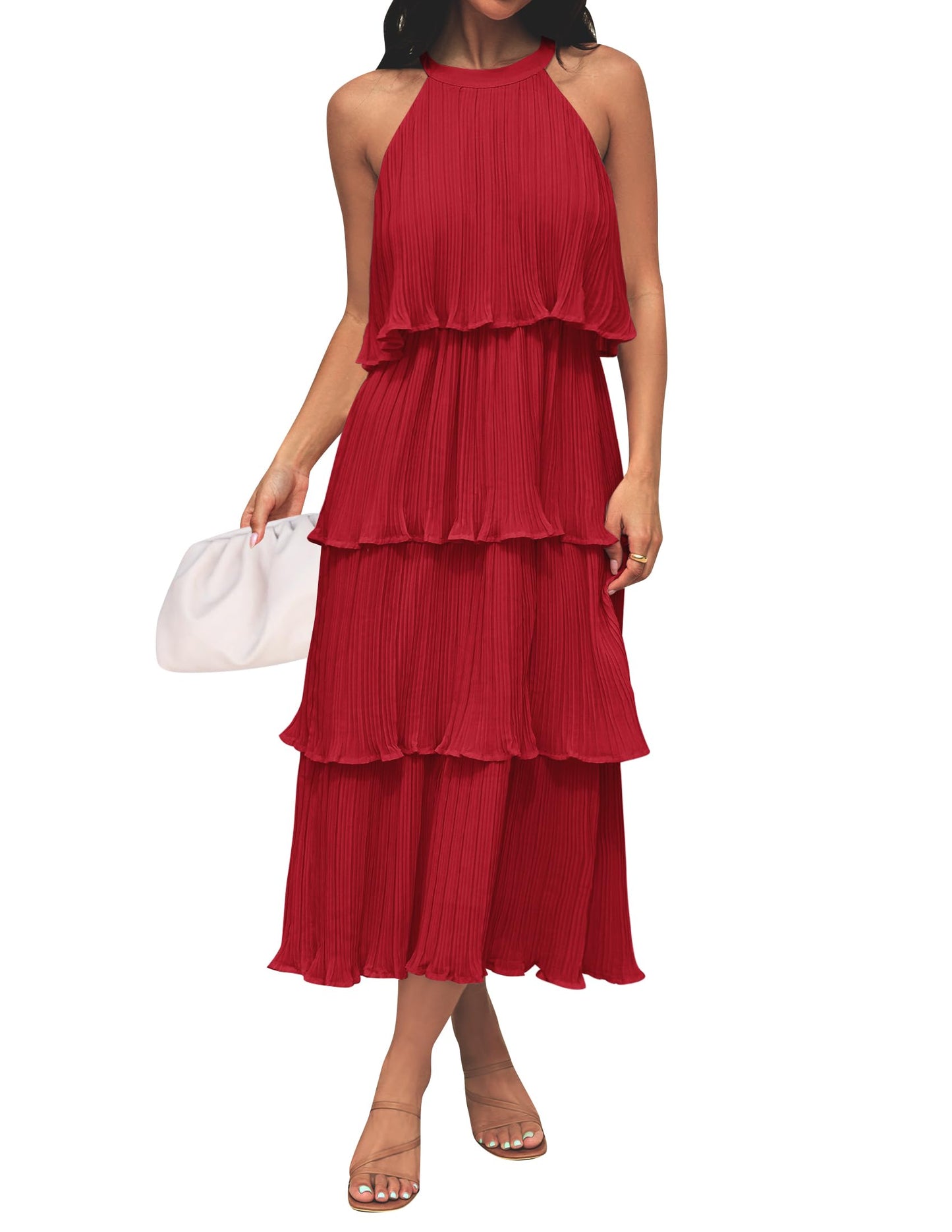 ZESICA Women's 2025 Summer Sleeveless Halter Neck Ruffle Tiered Layed Chiffon Flowy Swing Long Midi Dress