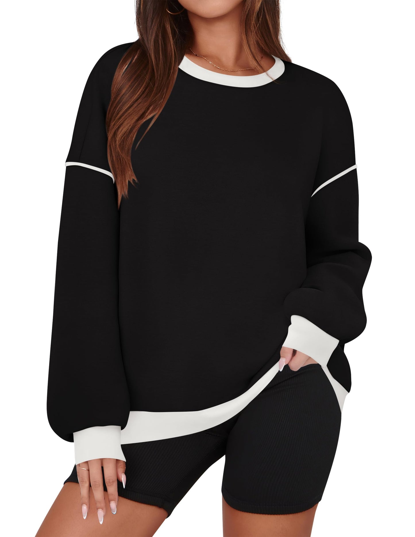 ZESICA Sweatshirts for Women Casual Long Sleeve Crewneck Contrast Color Oversized Pullover Tops Trendy Clothes