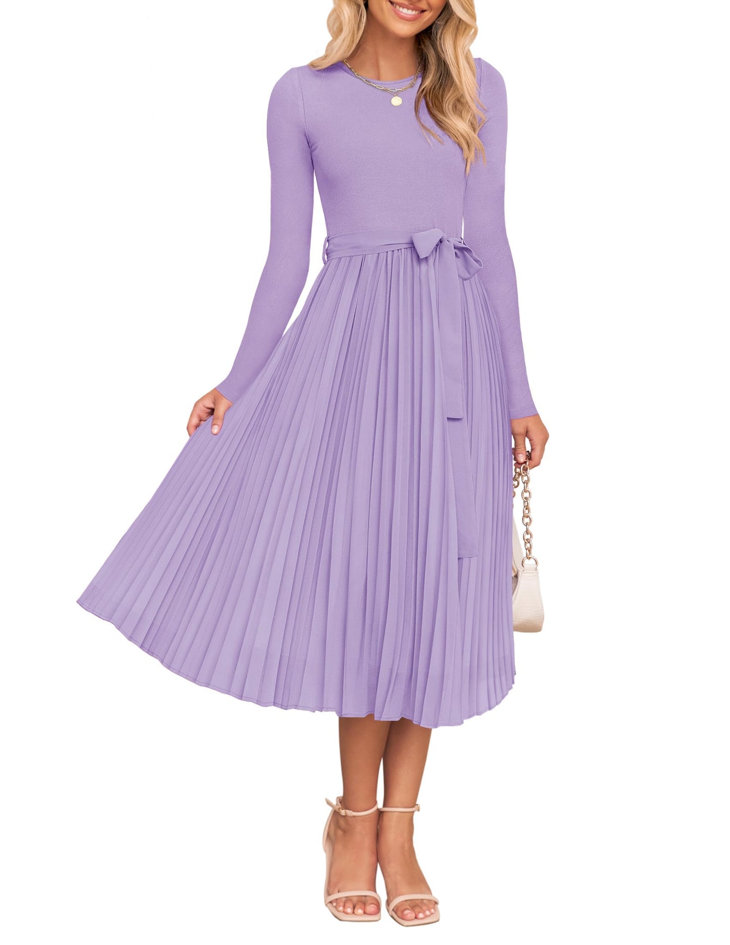 ZESICA Women's Fall Long Sleeve Midi Dress Casual Crewneck Knit Belted Pleated A Line Flowy Party Dresses