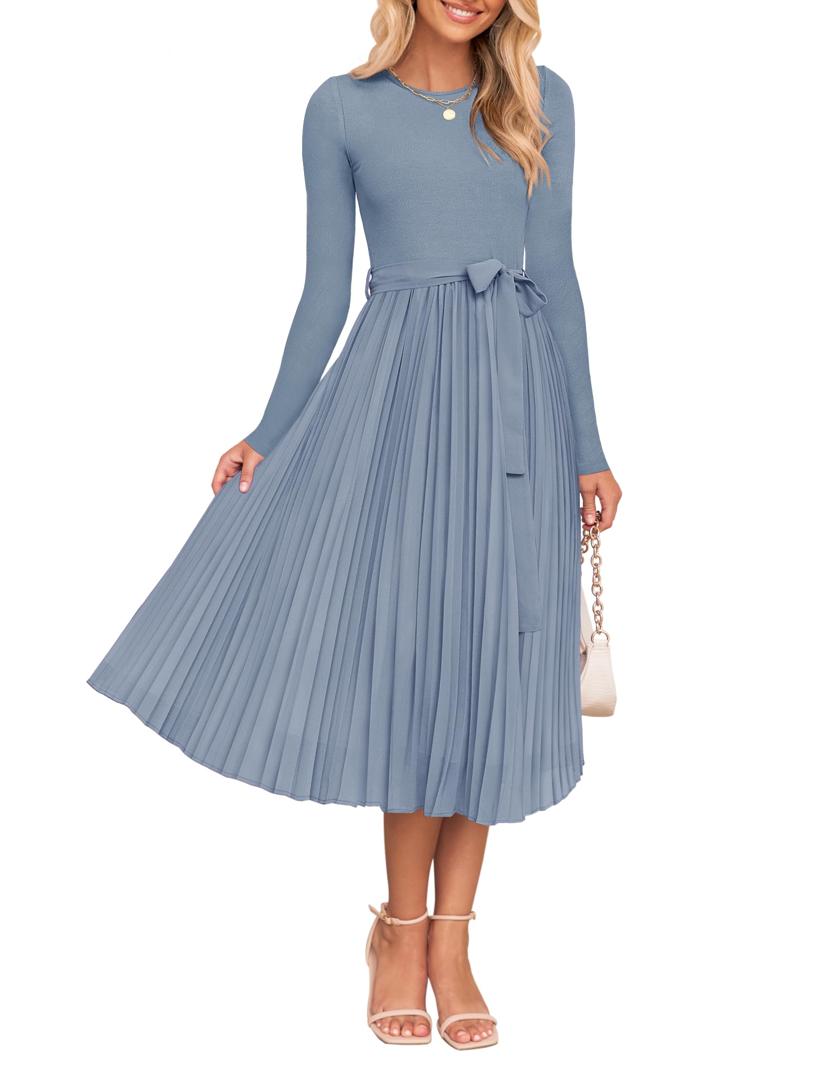 ZESICA Women's Fall Long Sleeve Midi Dress Casual Crewneck Knit Belted Pleated A Line Flowy Party Dresses