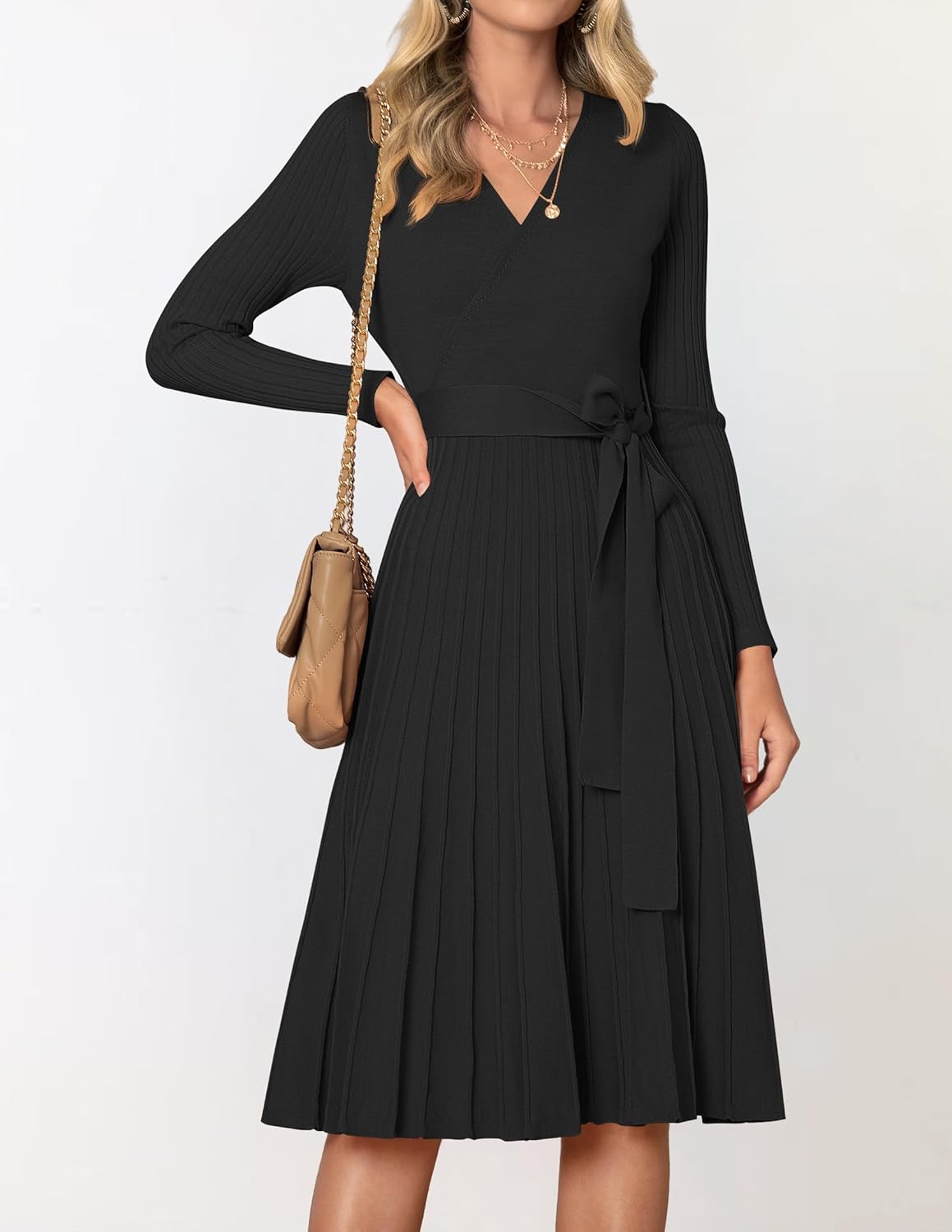 ZESICA Women's Fall Long Sleeve Wrap V Neck Ribbed Knit Pleated A Line Pullover Sweater Dress with Belt