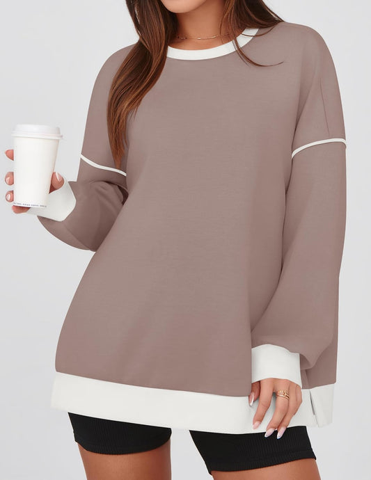 ZESICA Sweatshirts for Women Casual Long Sleeve Crewneck Contrast Color Oversized Pullover Tops Trendy Clothes