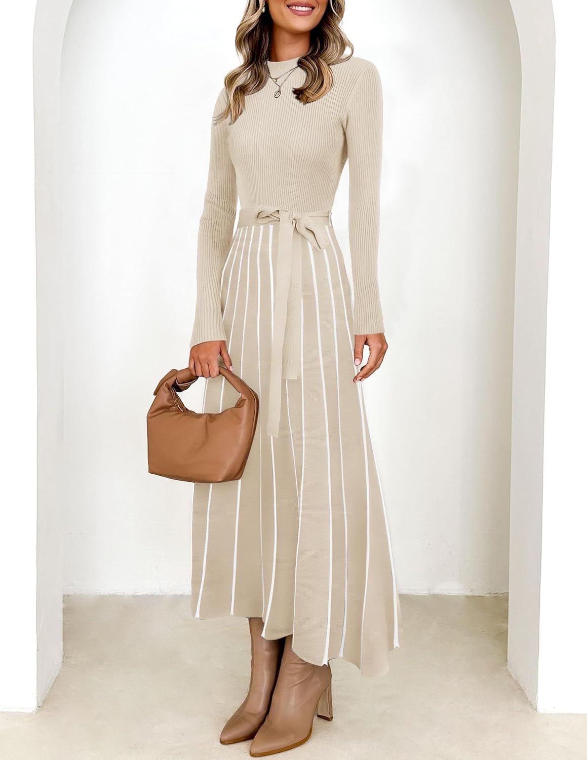 ZESICA Womens 2025 Fall Turtleneck Long Sleeve Sweater Dress Tie Waist Casual Loose Ribbed Knit A Line Midi Dresses