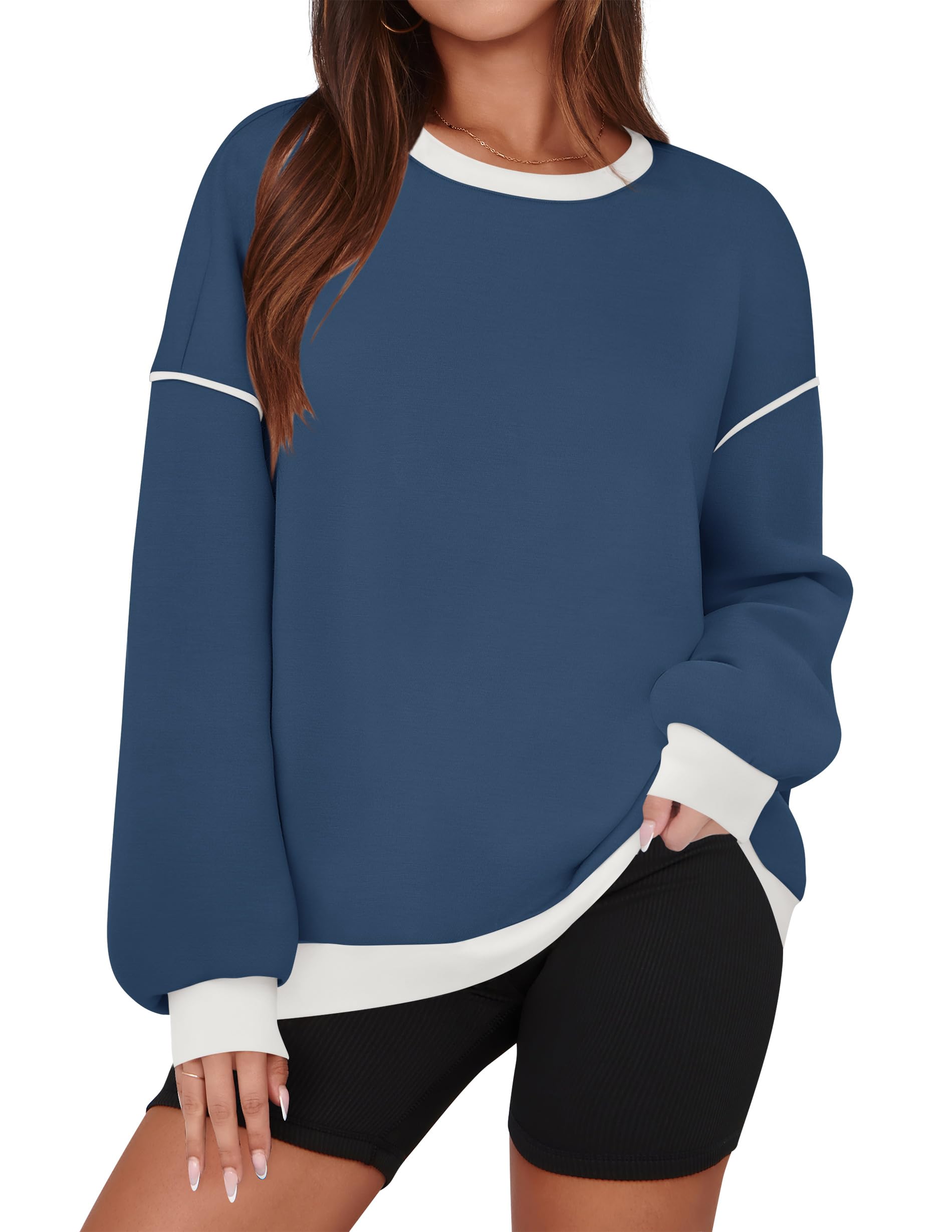 ZESICA Sweatshirts for Women Casual Long Sleeve Crewneck Contrast Color Oversized Pullover Tops Trendy Clothes