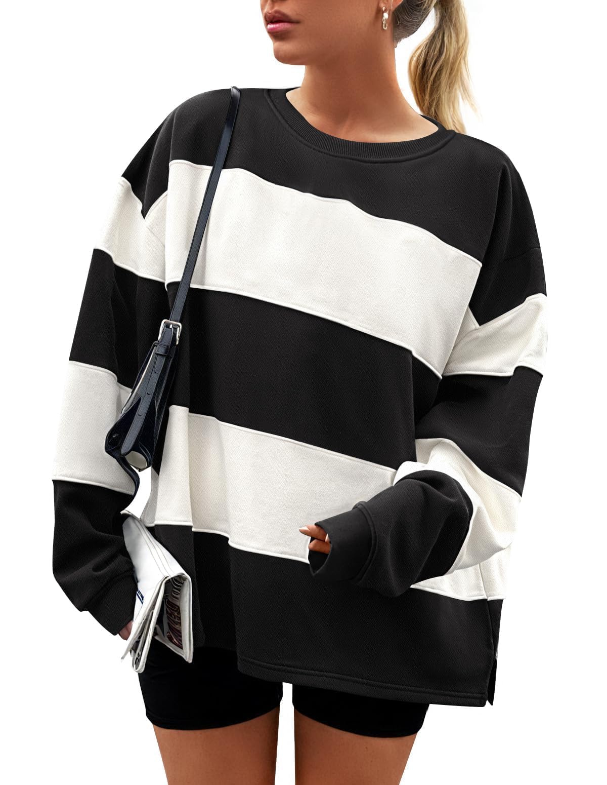 ZESICA Women's Fall Sweatshirt Tops Crewneck Long Sleeve Loose Oversized Striped Fleece Pullover 2025 Clothes
