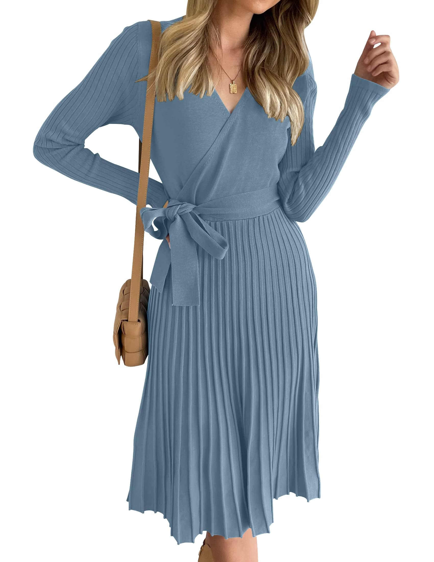 ZESICA Women's Fall Long Sleeve Wrap V Neck Ribbed Knit Pleated A Line Pullover Sweater Dress with Belt