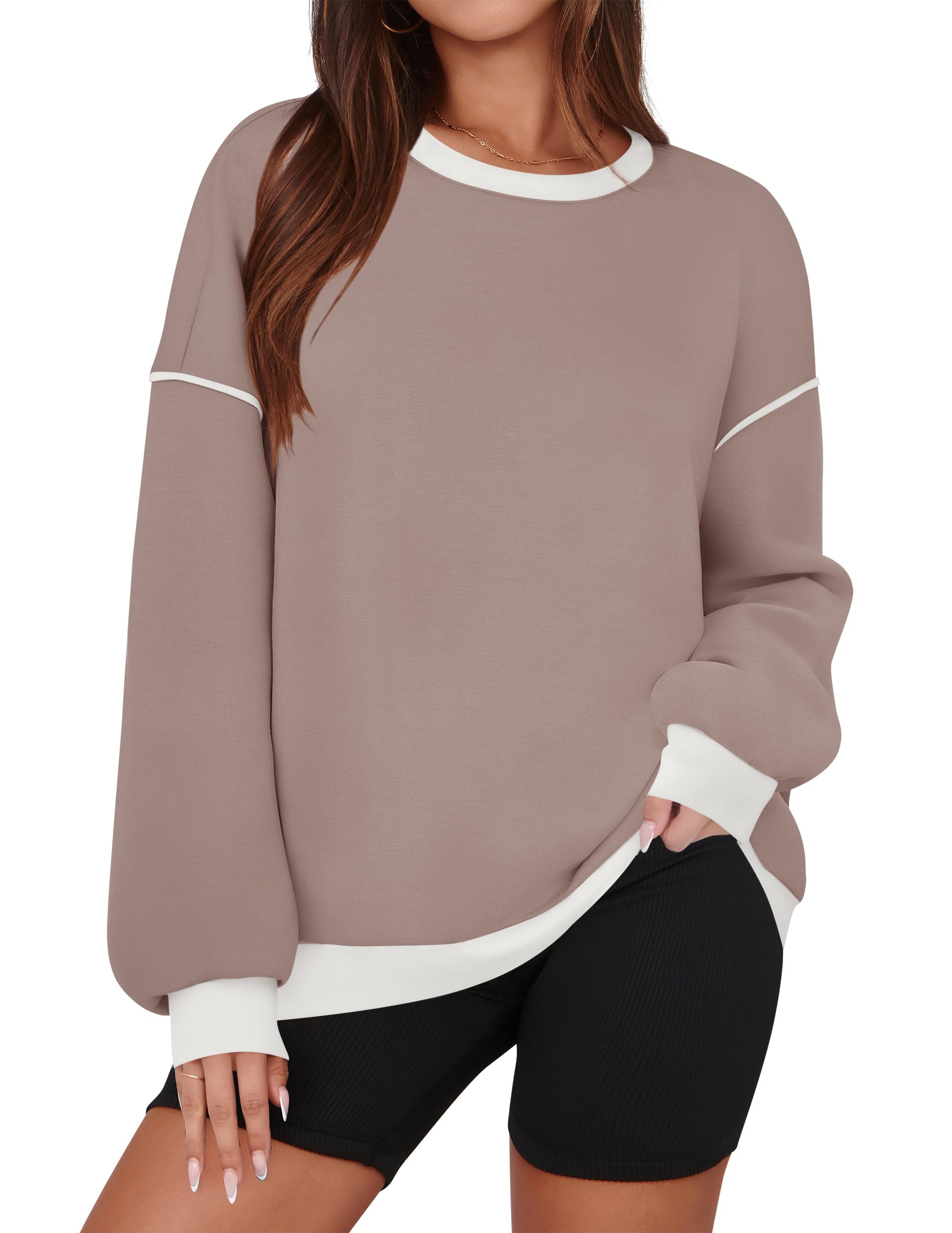 ZESICA Sweatshirts for Women Casual Long Sleeve Crewneck Contrast Color Oversized Pullover Tops Trendy Clothes