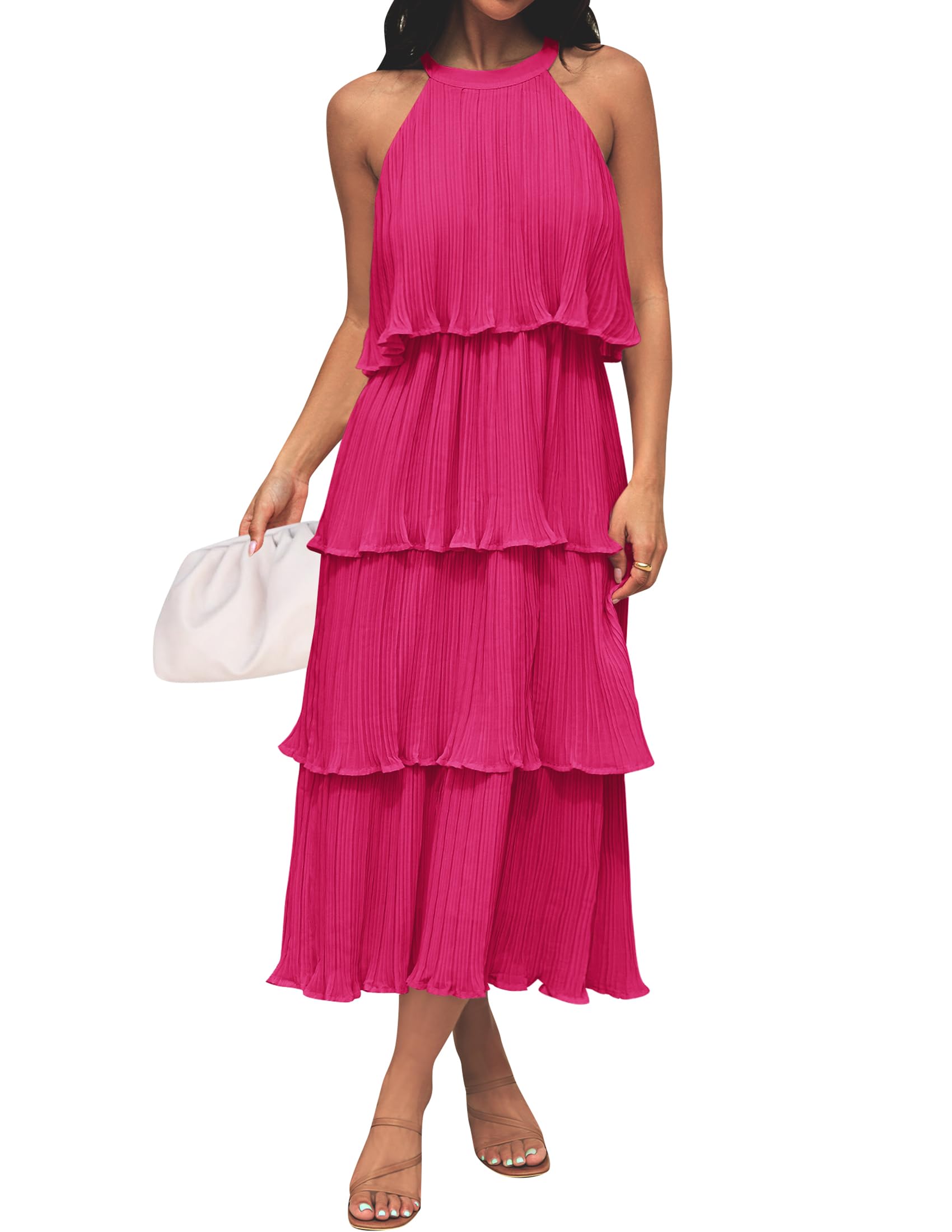 ZESICA Women's 2025 Summer Sleeveless Halter Neck Ruffle Tiered Layed Chiffon Flowy Swing Long Midi Dress
