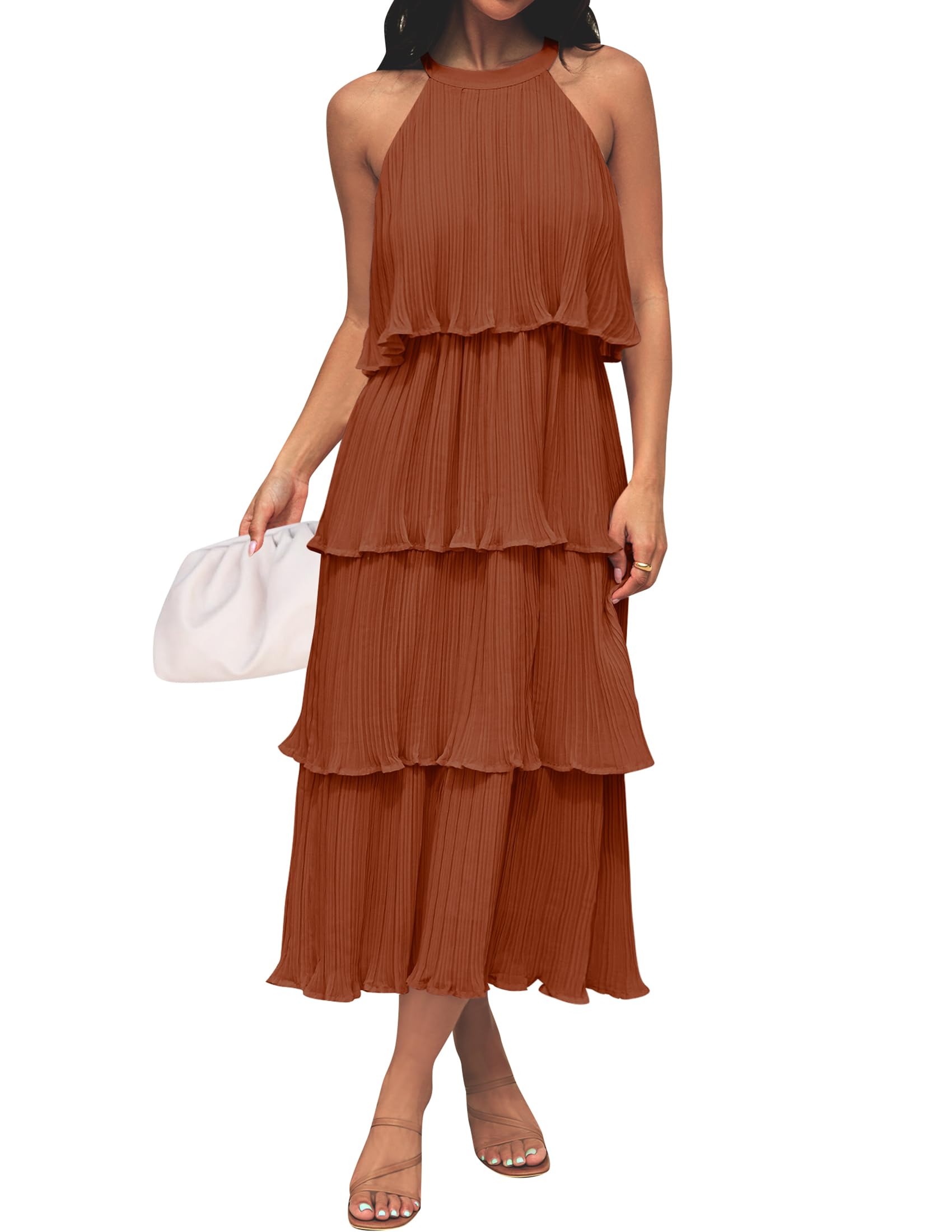 ZESICA Women's 2025 Summer Sleeveless Halter Neck Ruffle Tiered Layed Chiffon Flowy Swing Long Midi Dress