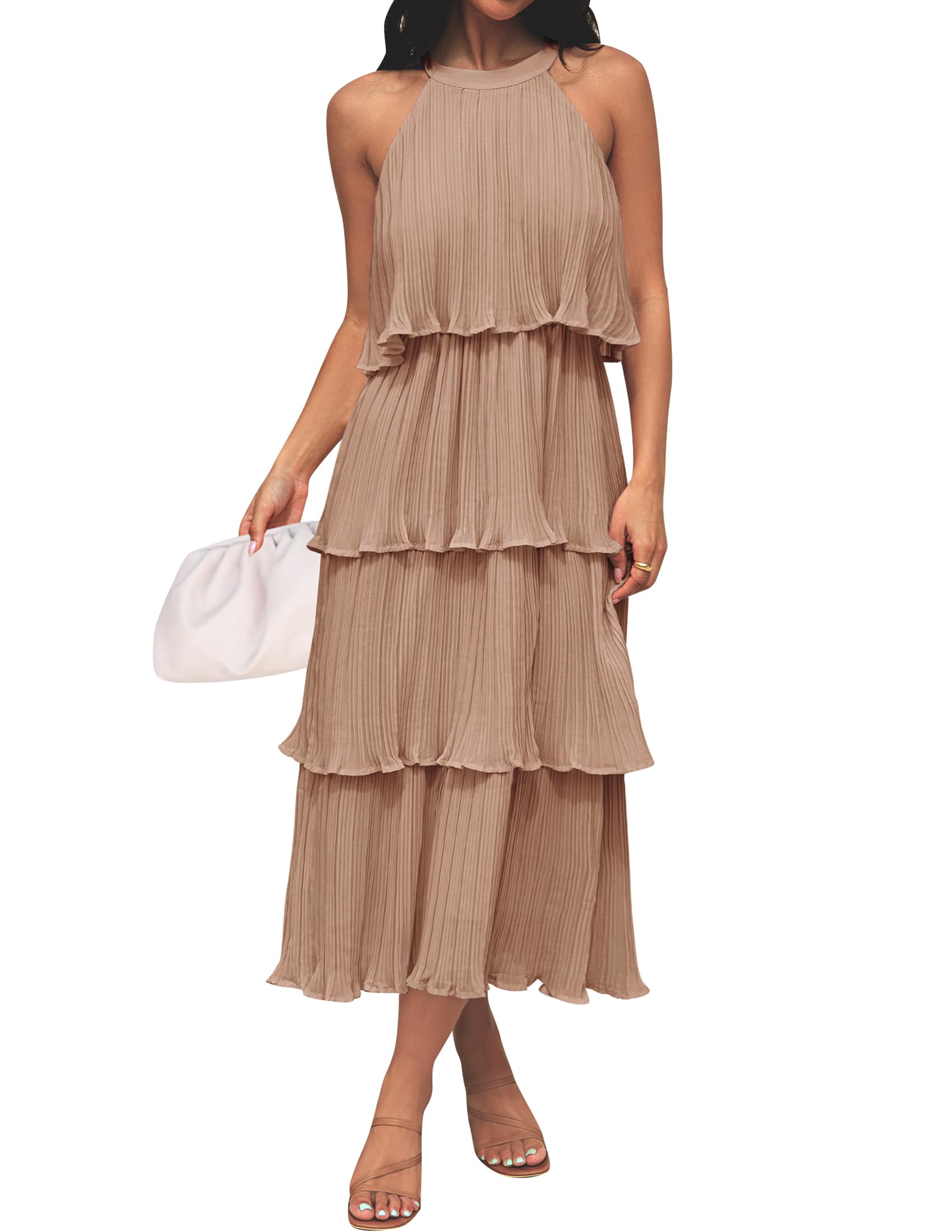 ZESICA Women's 2025 Summer Sleeveless Halter Neck Ruffle Tiered Layed Chiffon Flowy Swing Long Midi Dress