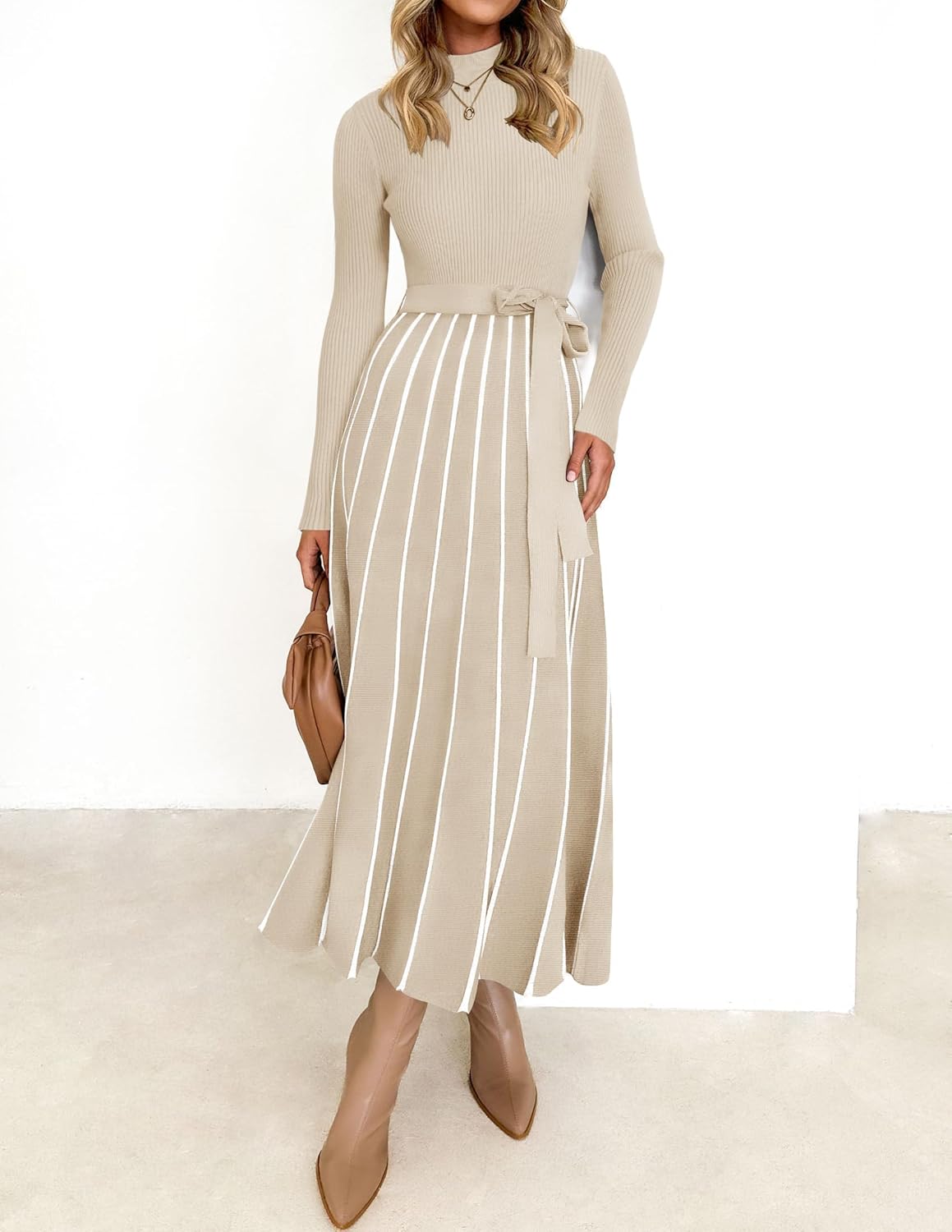 ZESICA Womens 2025 Fall Turtleneck Long Sleeve Sweater Dress Tie Waist Casual Loose Ribbed Knit A Line Midi Dresses