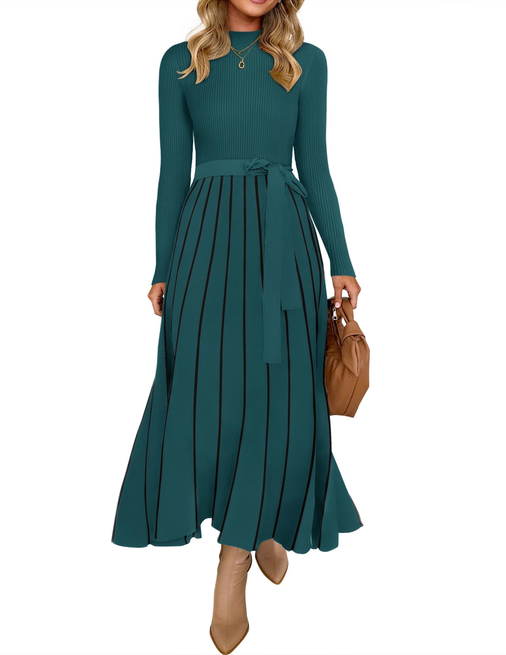 ZESICA Womens 2025 Fall Turtleneck Long Sleeve Sweater Dress Tie Waist Casual Loose Ribbed Knit A Line Midi Dresses