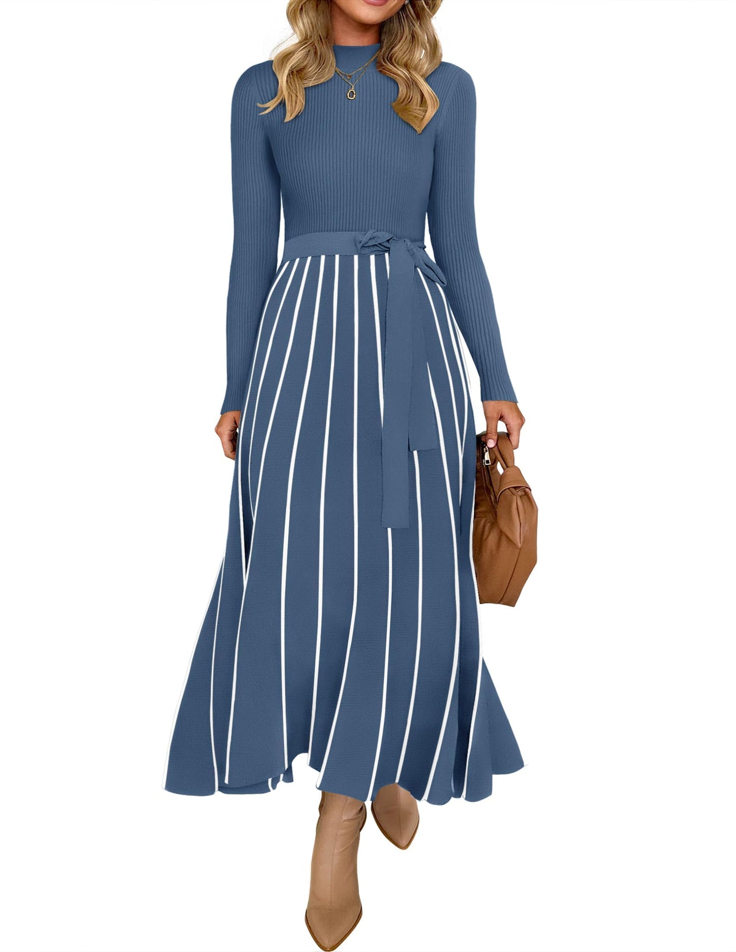 ZESICA Womens 2025 Fall Turtleneck Long Sleeve Sweater Dress Tie Waist Casual Loose Ribbed Knit A Line Midi Dresses