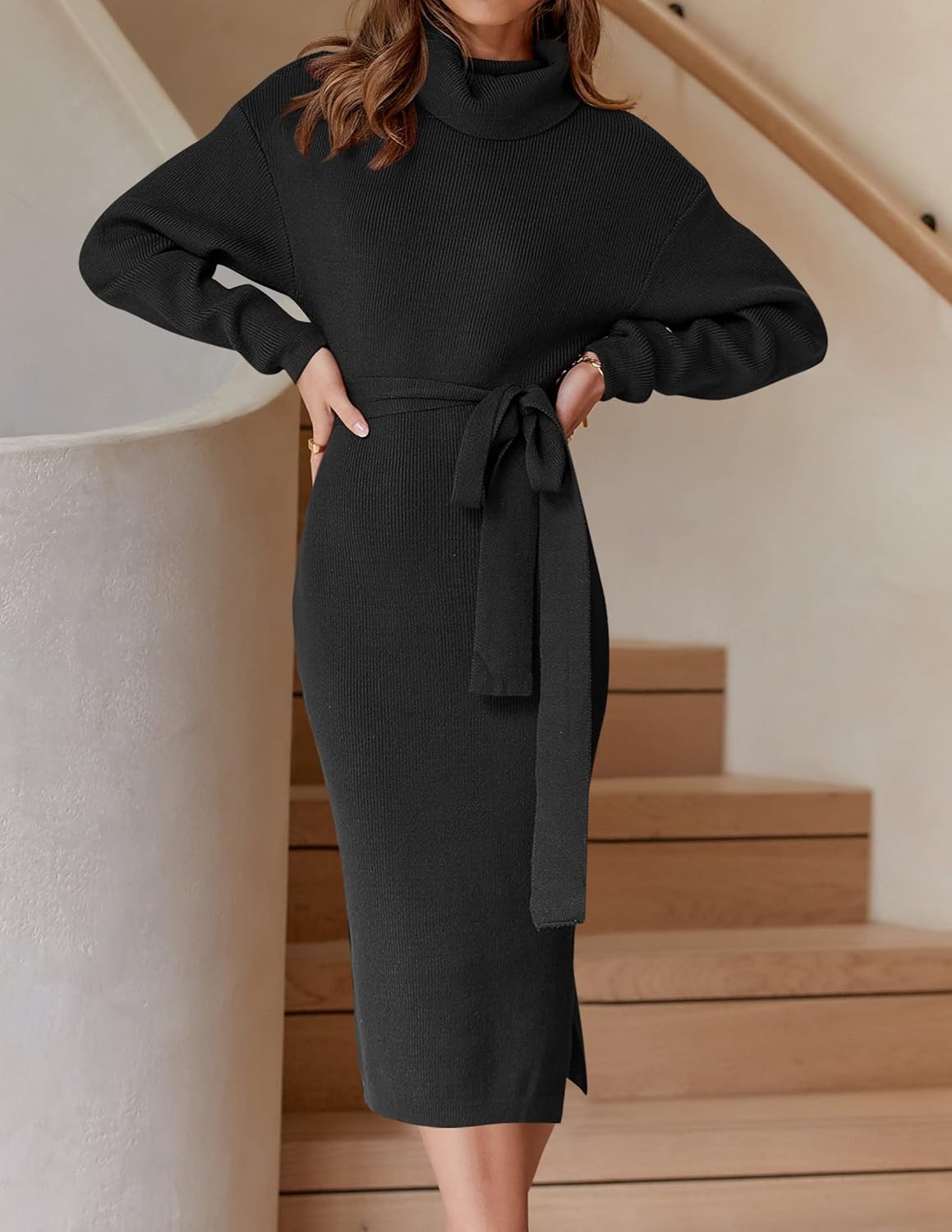 ZESICA Women's Turtleneck Sweater Midi Dress Long Sleeve Ribbed Knit Bodycon Slit Dress with Belt