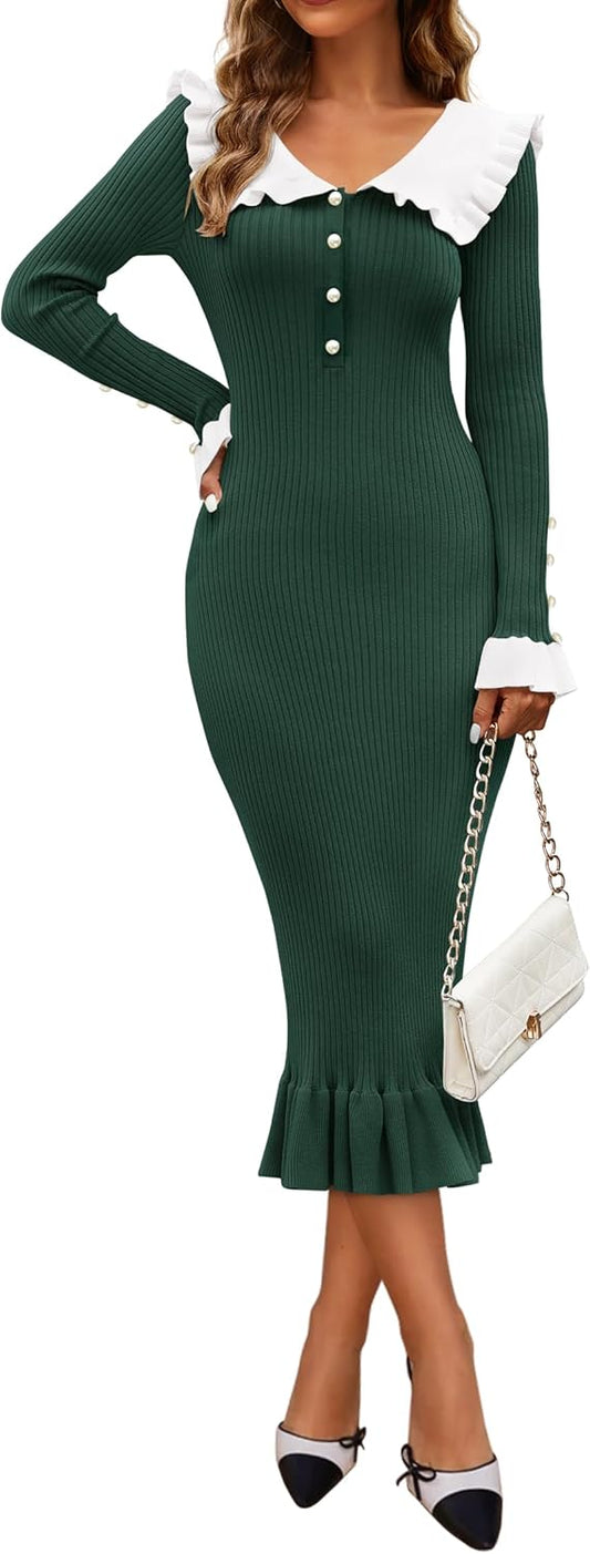 ZESICA Women's Long Sleeve Sweater Dress 2025 Spring Lapel Collar Button Elegant Casual Midi Bodycon Dresses