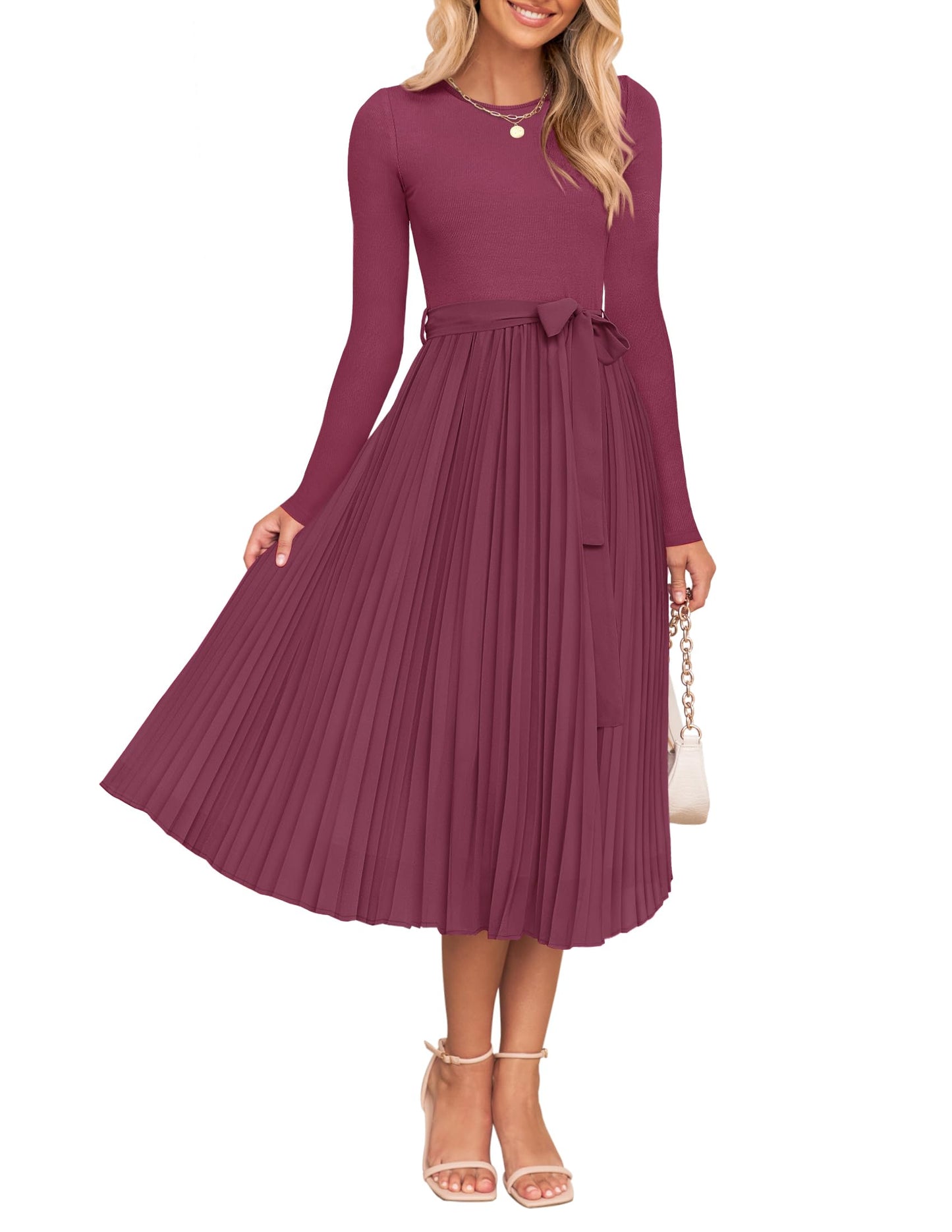 ZESICA Women's Fall Long Sleeve Midi Dress Casual Crewneck Knit Belted Pleated A Line Flowy Party Dresses