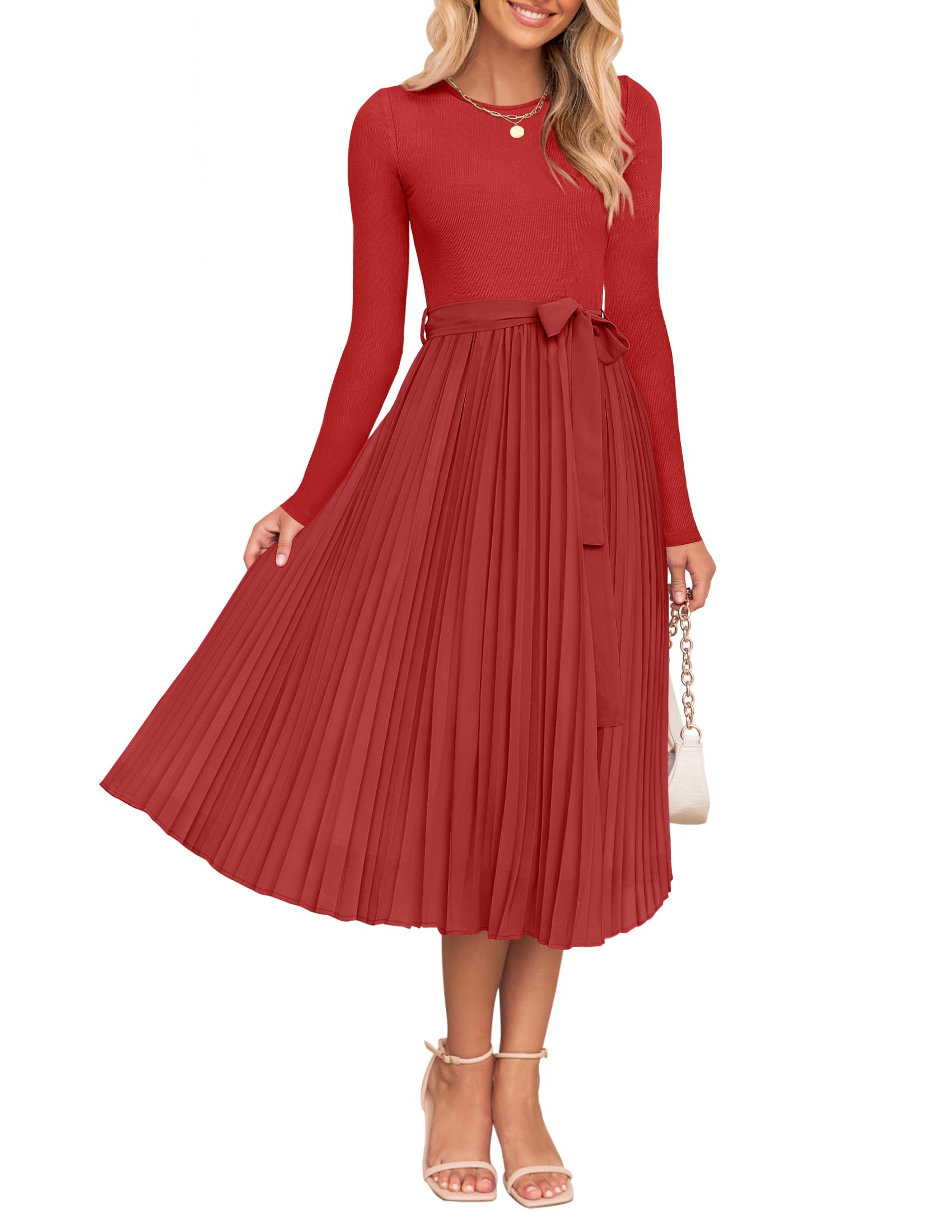ZESICA Women's Fall Long Sleeve Midi Dress Casual Crewneck Knit Belted Pleated A Line Flowy Party Dresses
