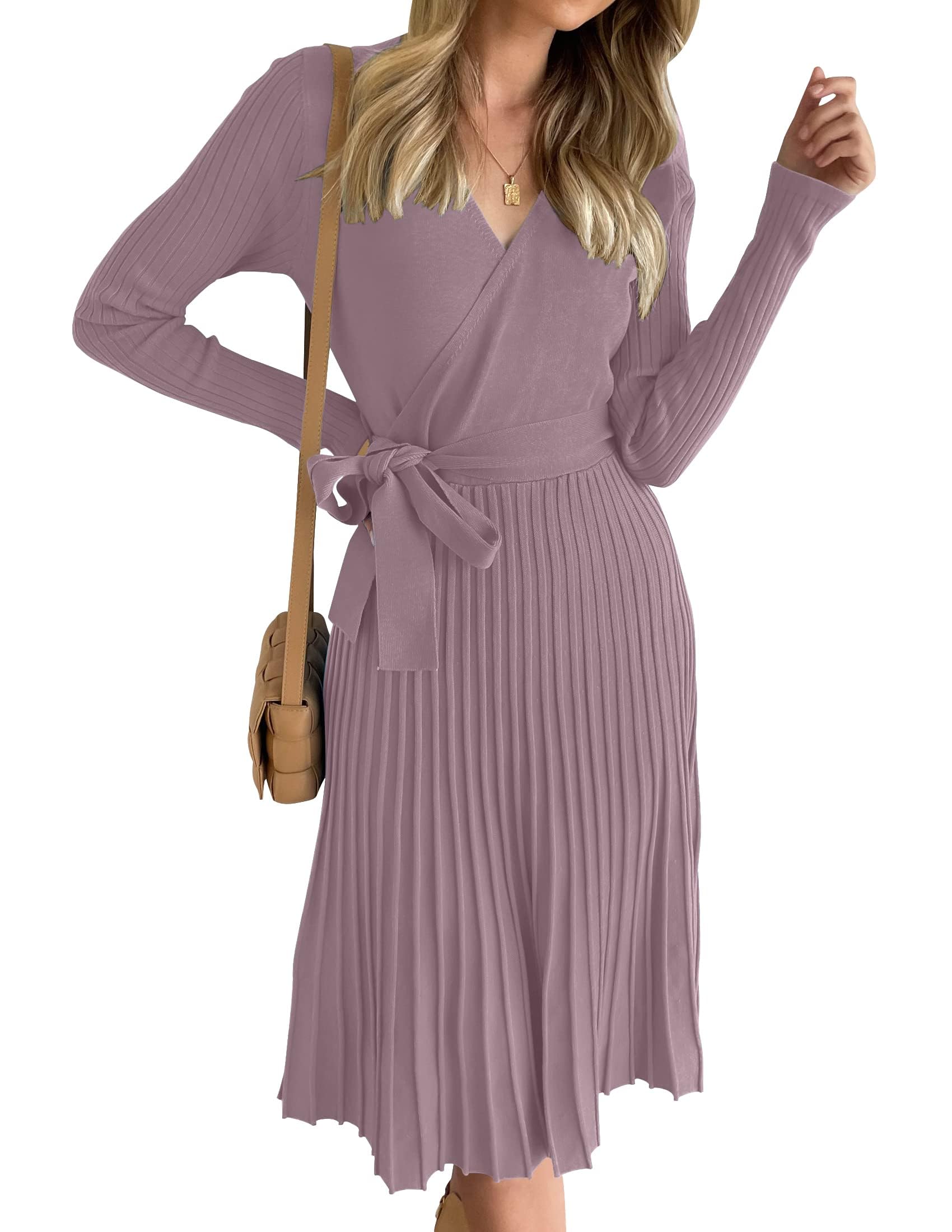 ZESICA Women's Fall Long Sleeve Wrap V Neck Ribbed Knit Pleated A Line Pullover Sweater Dress with Belt