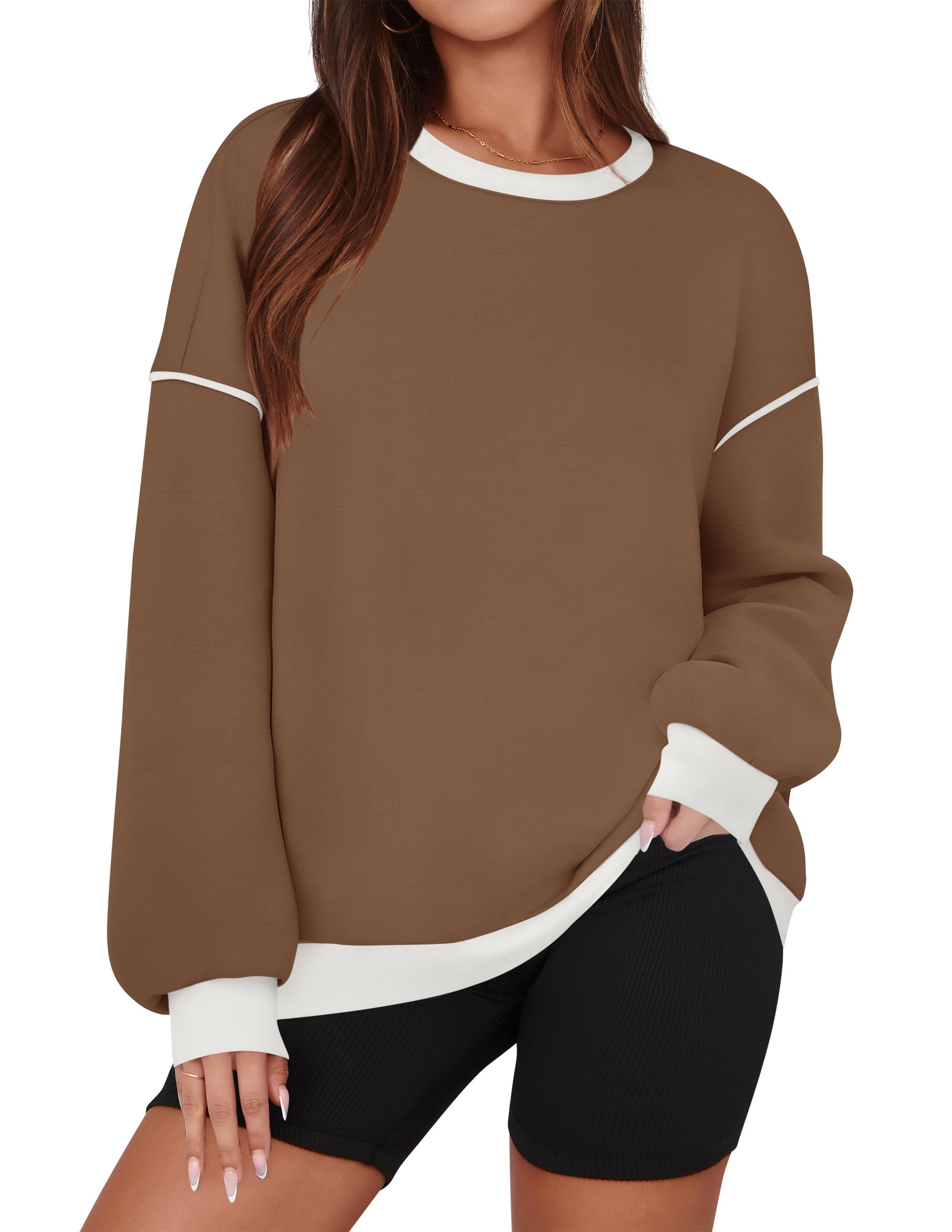 ZESICA Sweatshirts for Women Casual Long Sleeve Crewneck Contrast Color Oversized Pullover Tops Trendy Clothes