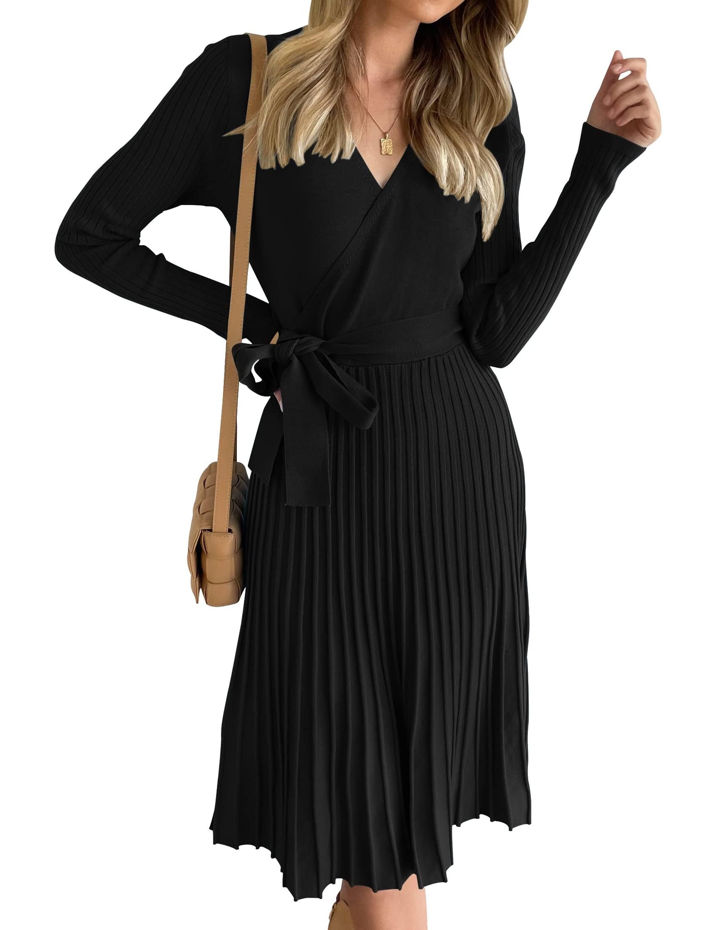 ZESICA Women's Fall Long Sleeve Wrap V Neck Ribbed Knit Pleated A Line Pullover Sweater Dress with Belt