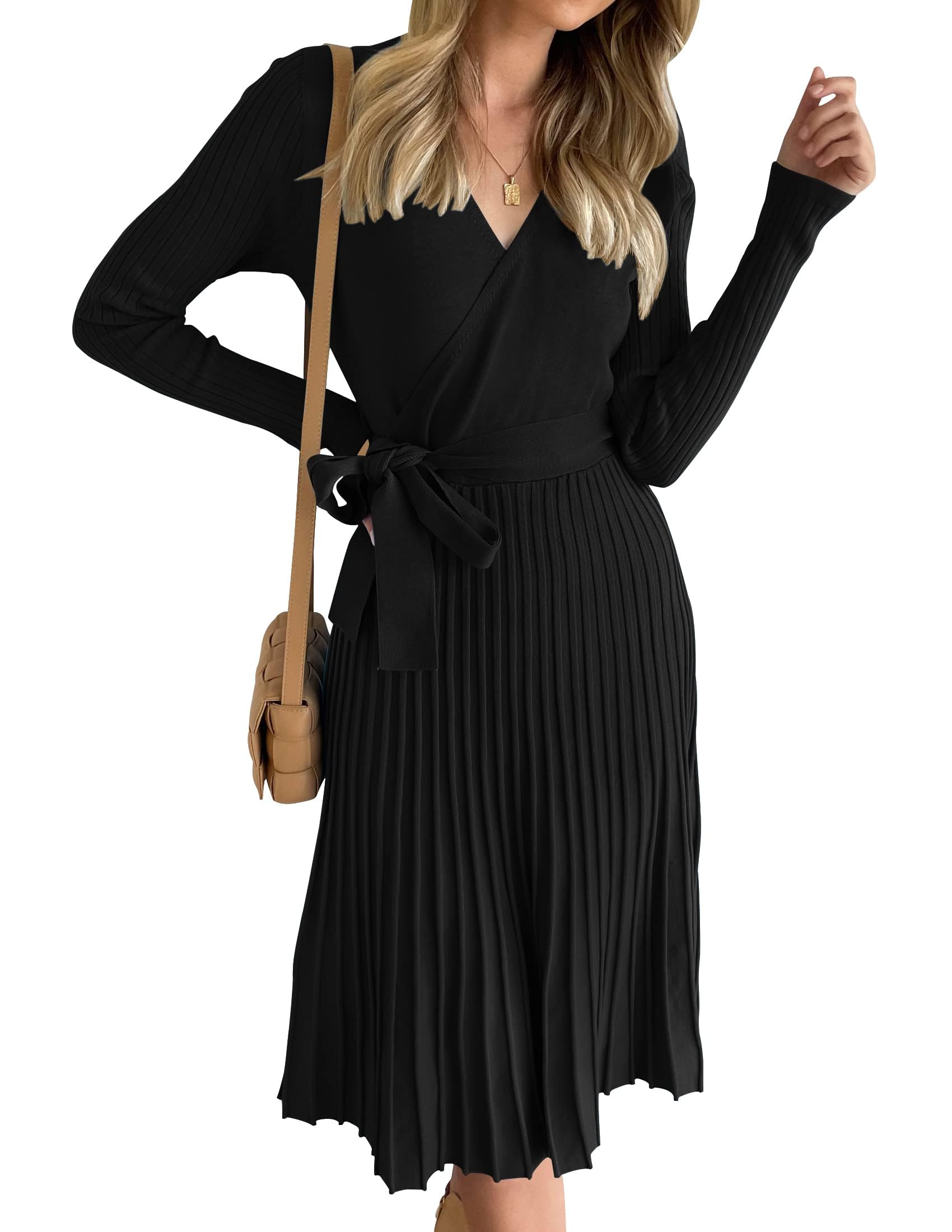 ZESICA Women's Fall Long Sleeve Wrap V Neck Ribbed Knit Pleated A Line Pullover Sweater Dress with Belt