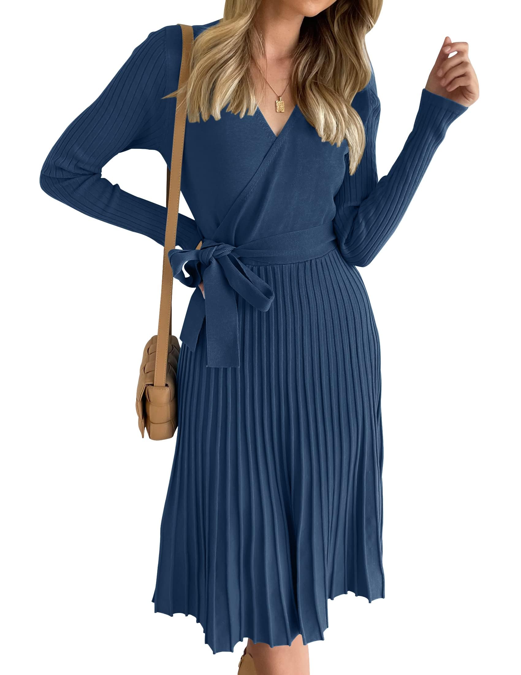 ZESICA Women's Fall Long Sleeve Wrap V Neck Ribbed Knit Pleated A Line Pullover Sweater Dress with Belt